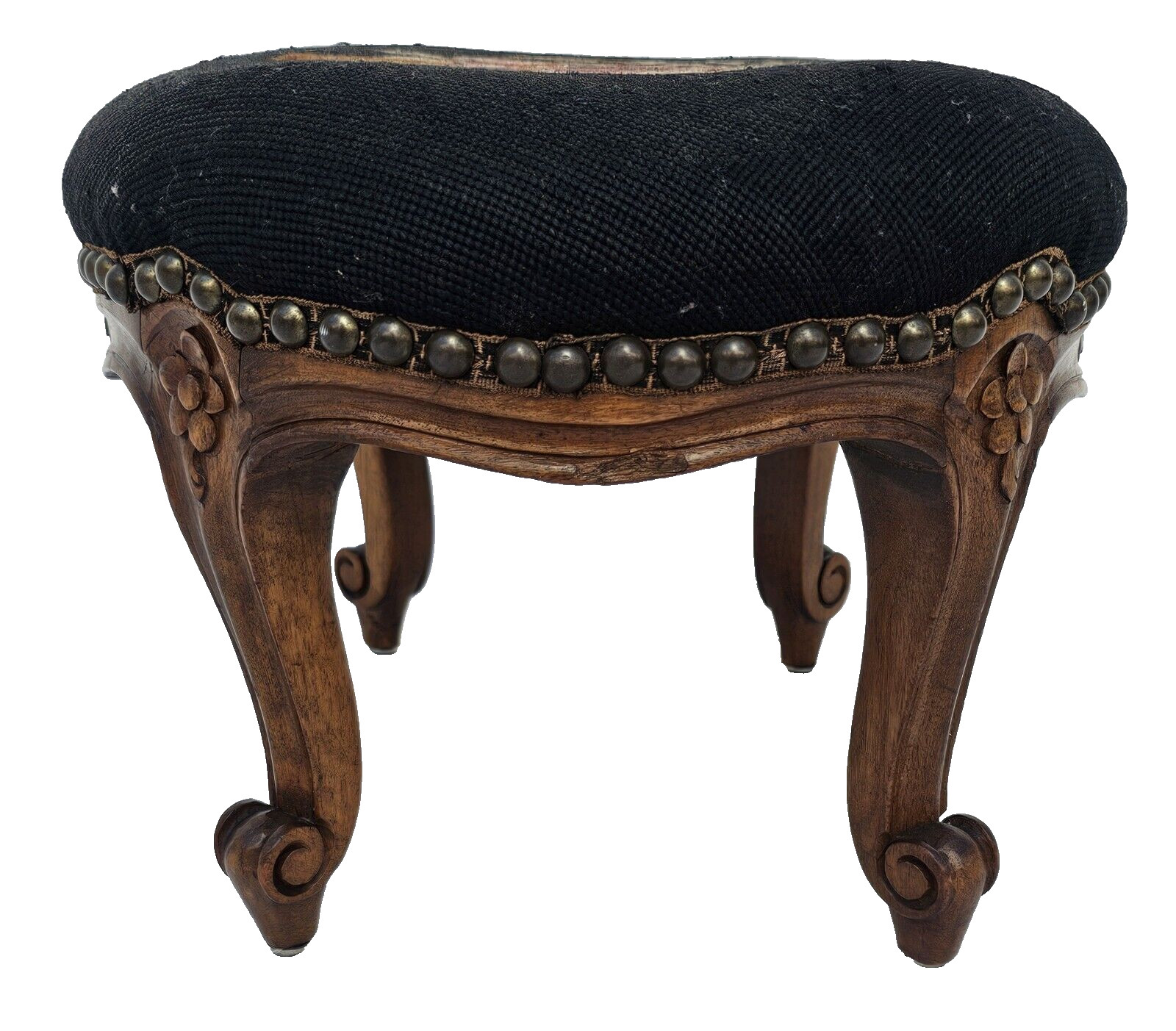 Antique 1930s French Louis XV Footstool – Carved Wood Cabriole Legs Needlepoint