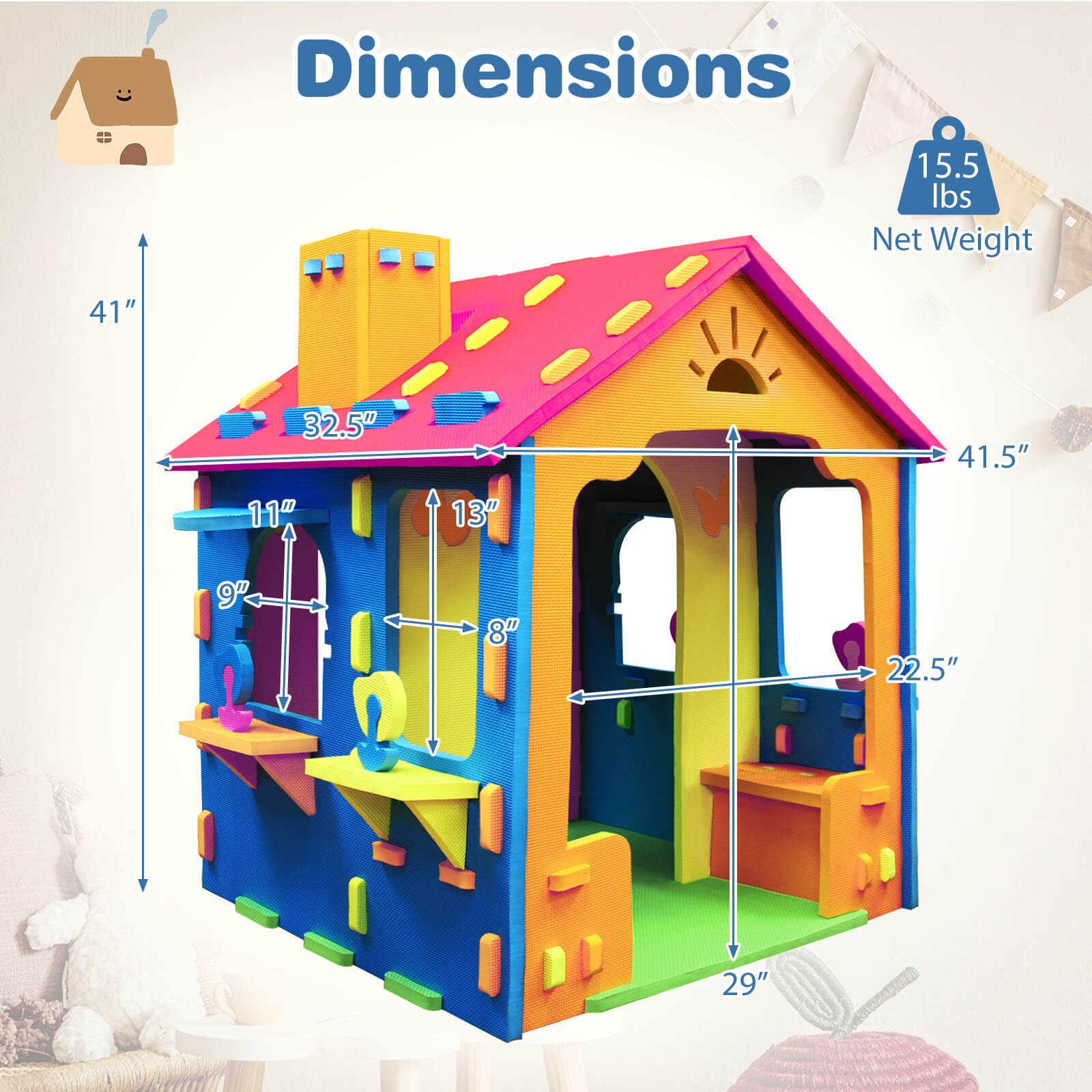 Kids EVA Foam Playhouse w/Roof, Chimney, Windows & Doorways for Creative Play