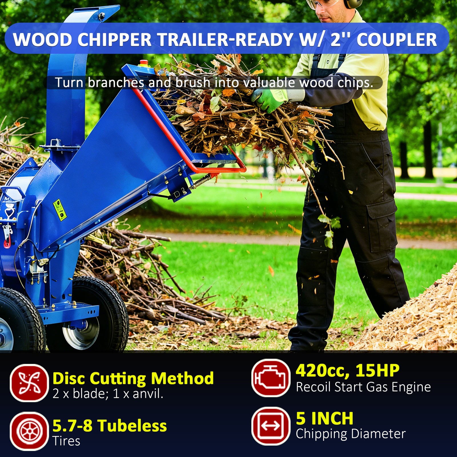 5" 15HP 420cc GAS Powered DISC Wood Chipper Shredder Mulcher EPA Towable 3-Wheel
