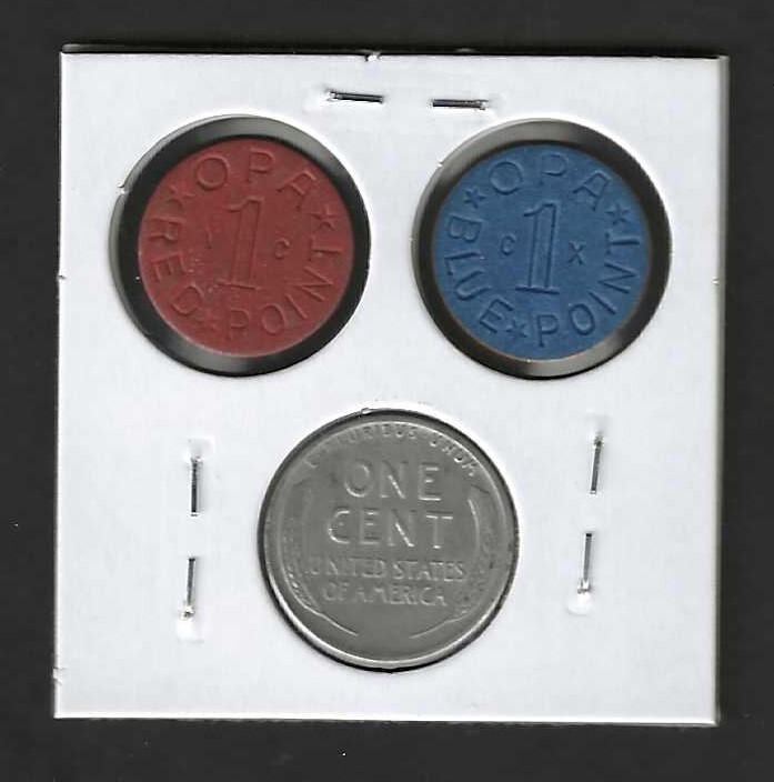 ORIGINAL WWII 1943 STEEL PENNY + BLUE & RED OPA FOOD RATION TOKENS -WORLD WAR II