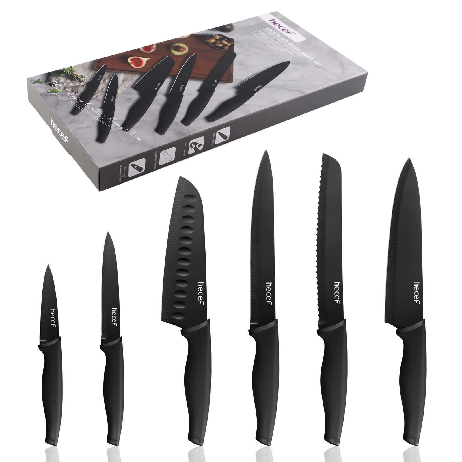 7 Pcs Black Oxide Knife Set w/ Acacia Wood Strong Magnetic Protect Knife Strip