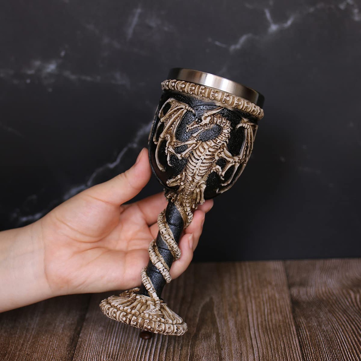 Stainless Steel Medieval Dragon Chalice Goblet, Gothic Dragon Skeleton Ossuar...