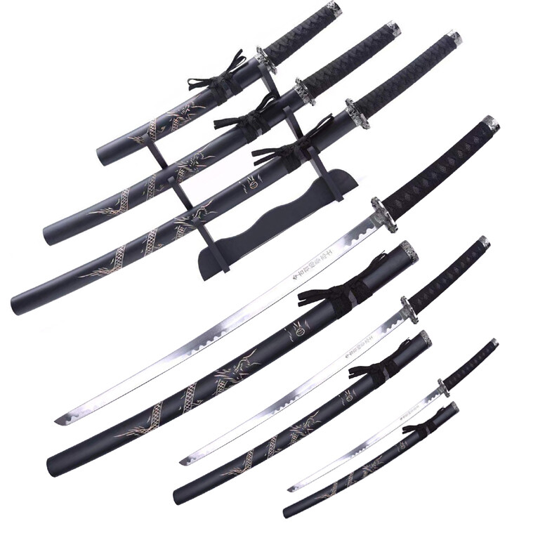 3pc Japanese Samurai Katana Sword Set Dragon Engraved Wooden Sheath w/ Stand Ni