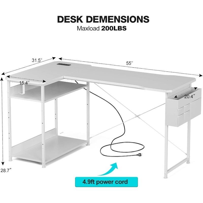 Gaming Desk with Power Outlets 48 Inch L Shaped with Shelves Storage Bag