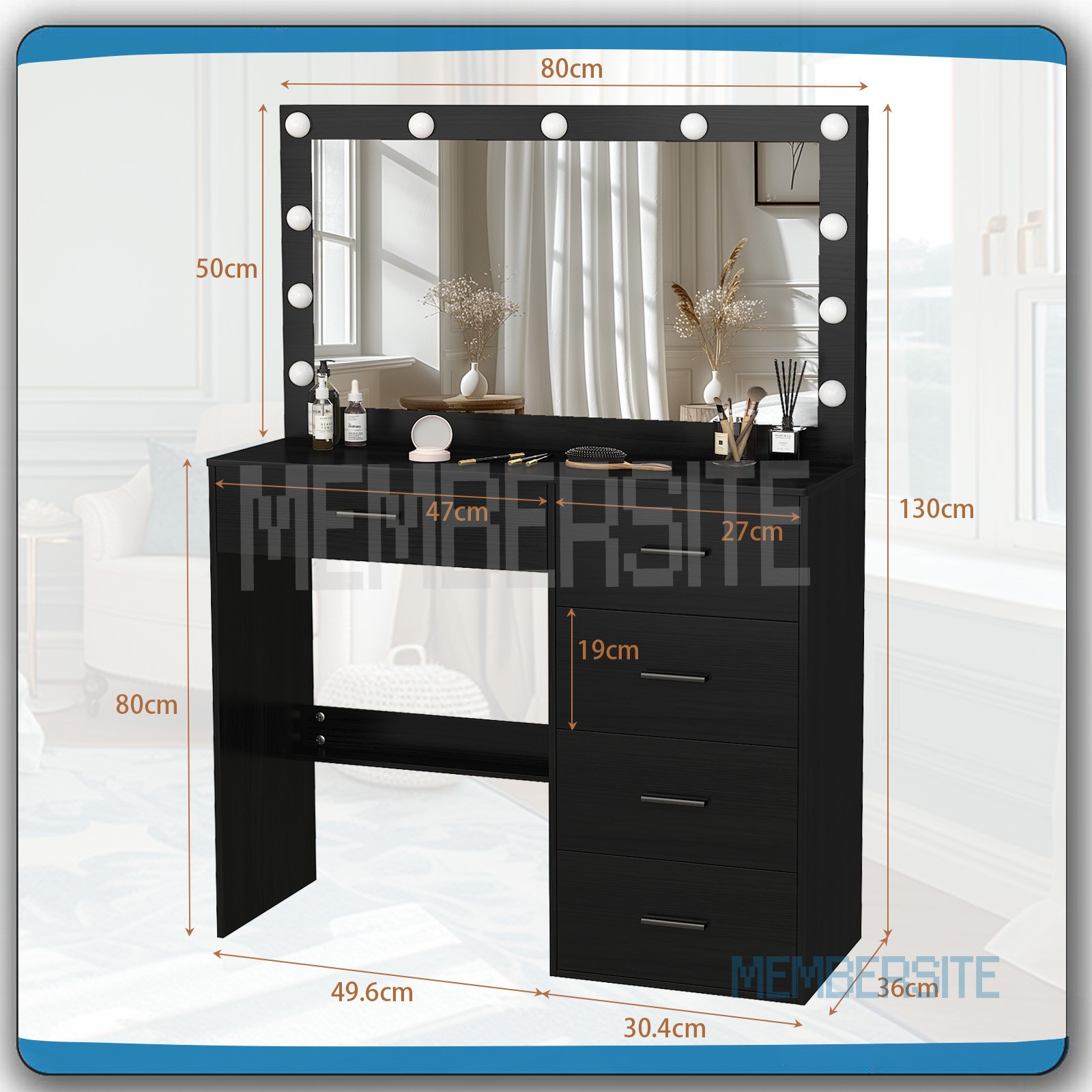 Black Makeup Vanity Desk With Large Hollywood Mirror 11 Led Bulbs Dressing Table