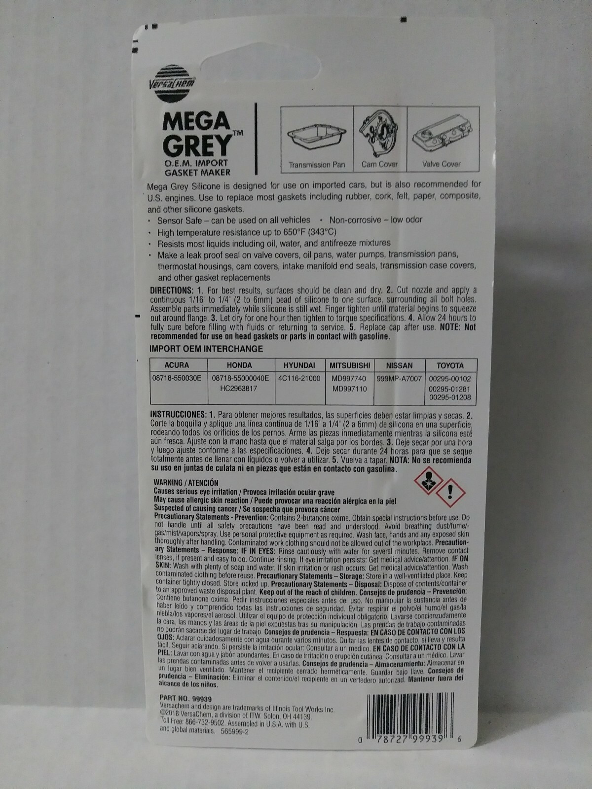 Gasket Maker Silicone Mega Grey 12 VersaChem 3 oz O.E.M Import Sensor Safe OEM