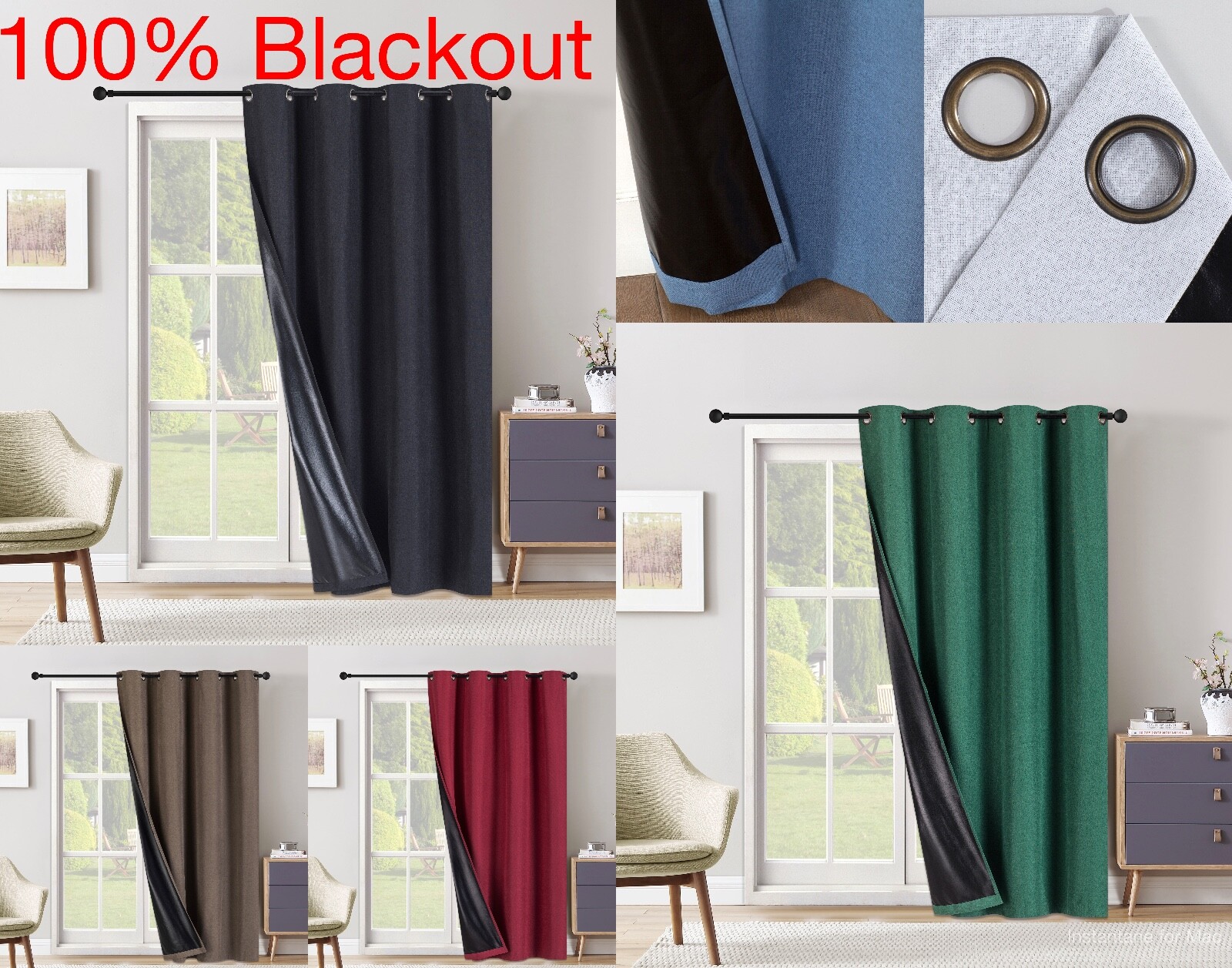100% Blackout  EXTRA WIDE Window Curtain - Black Backing - 8 Grommets All Sizes