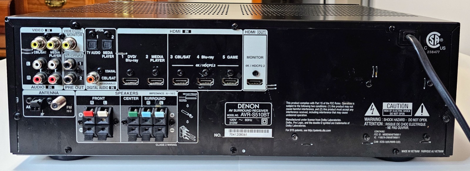 Denon AVR-S510BT 5.2 Ch AV Receiver Bluetooth 4K HDMI Home Theater No Remote