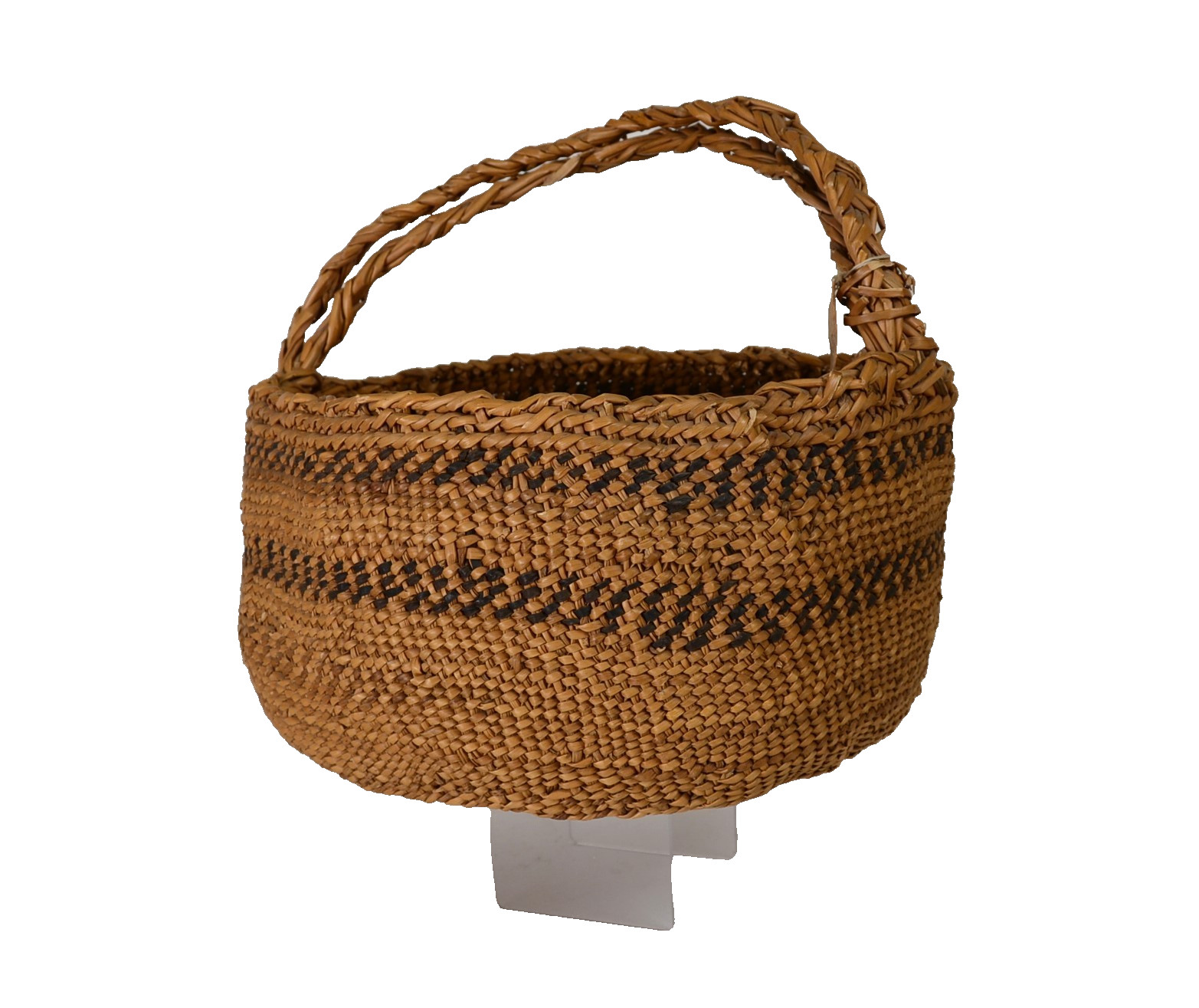 Siletz Reservation Oregon Oval Basket with Handle ca. 1900 - 1930 5.5" H x 10.5