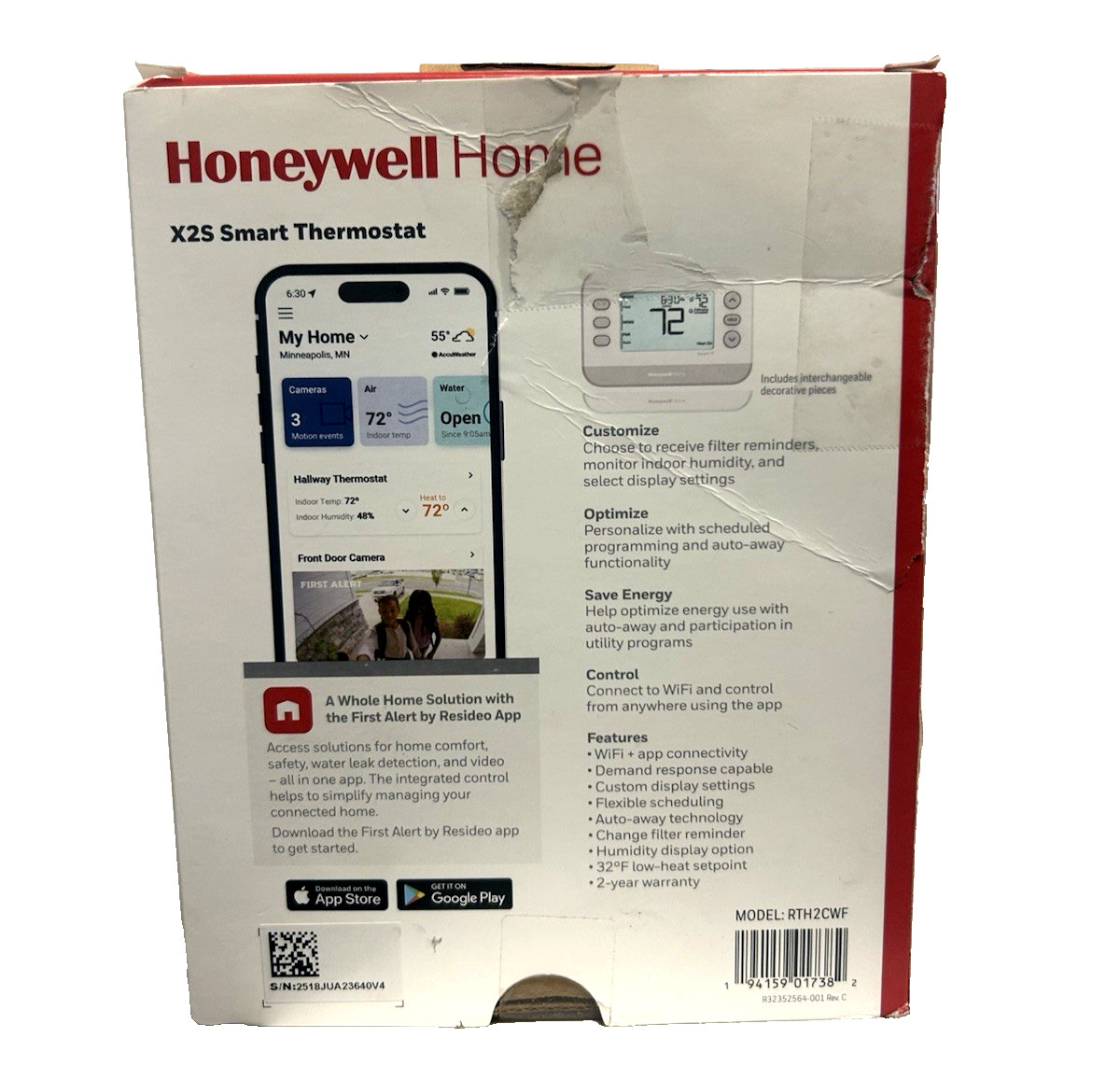 Honeywell Home X2S (RTH2CWF) Smart Thermostat Wifi Programmable. SLIGHT DAM PKGE