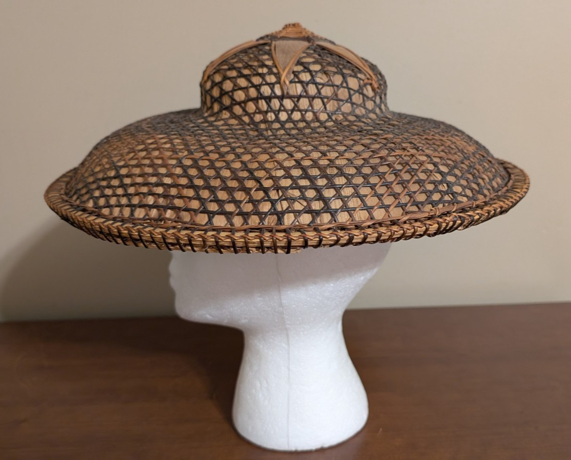 Vintage Filipino Salakot Woven Rattan and Coconut Fiber Sun Hat 15” Diameter