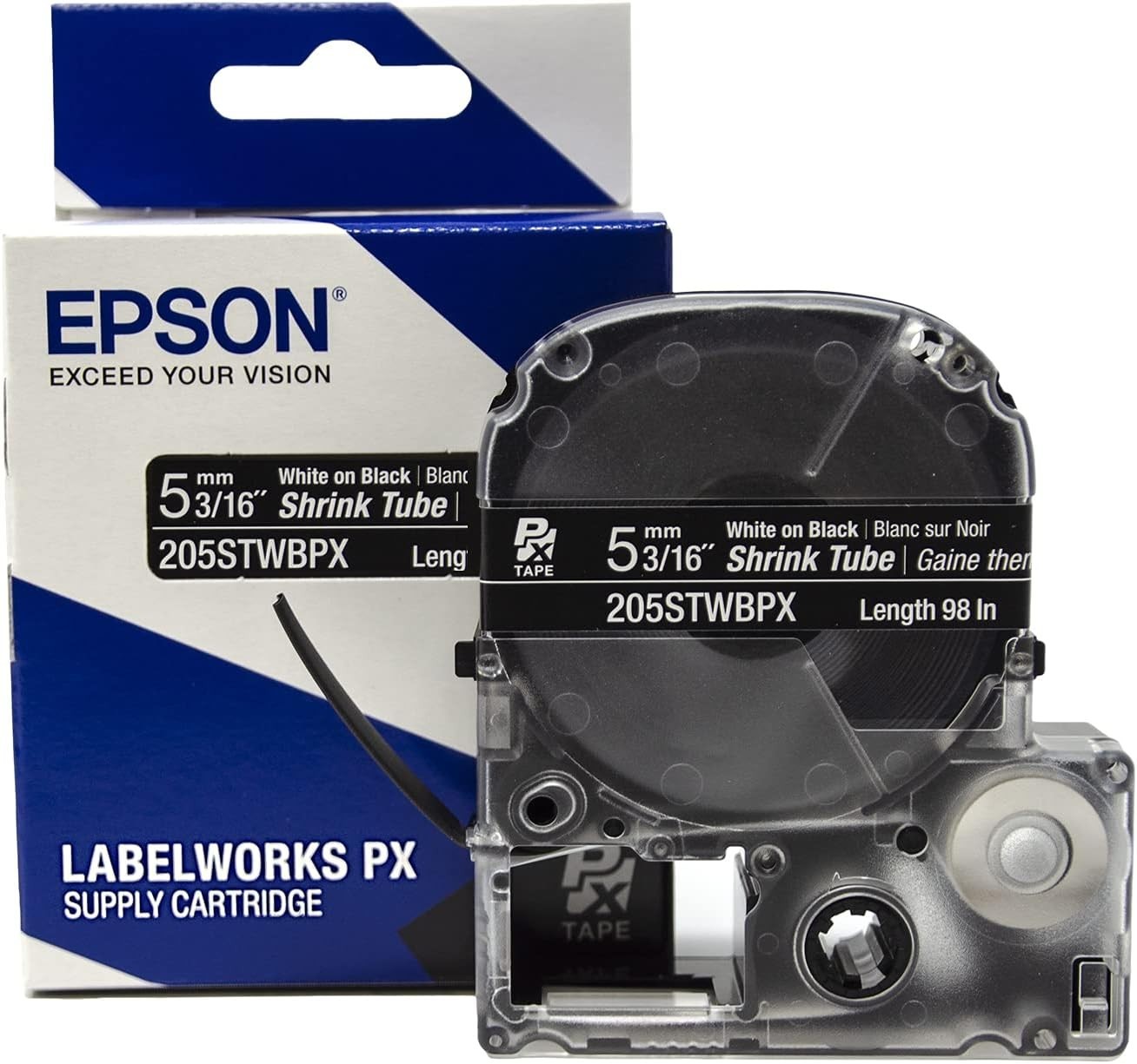 Epson LABELWORKS 205STWBPX White on Black Shrink Tube 3/16" (5mm) - 205STWBPX