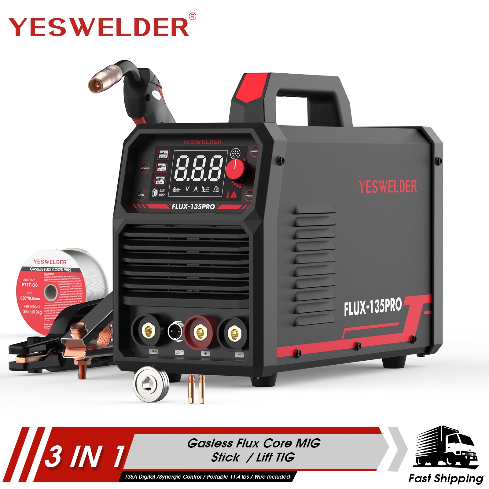 135Amp 110V Flux Core MIG/Lift TIG/Stick 3-in-1 Welding Machine IGBT Inverter