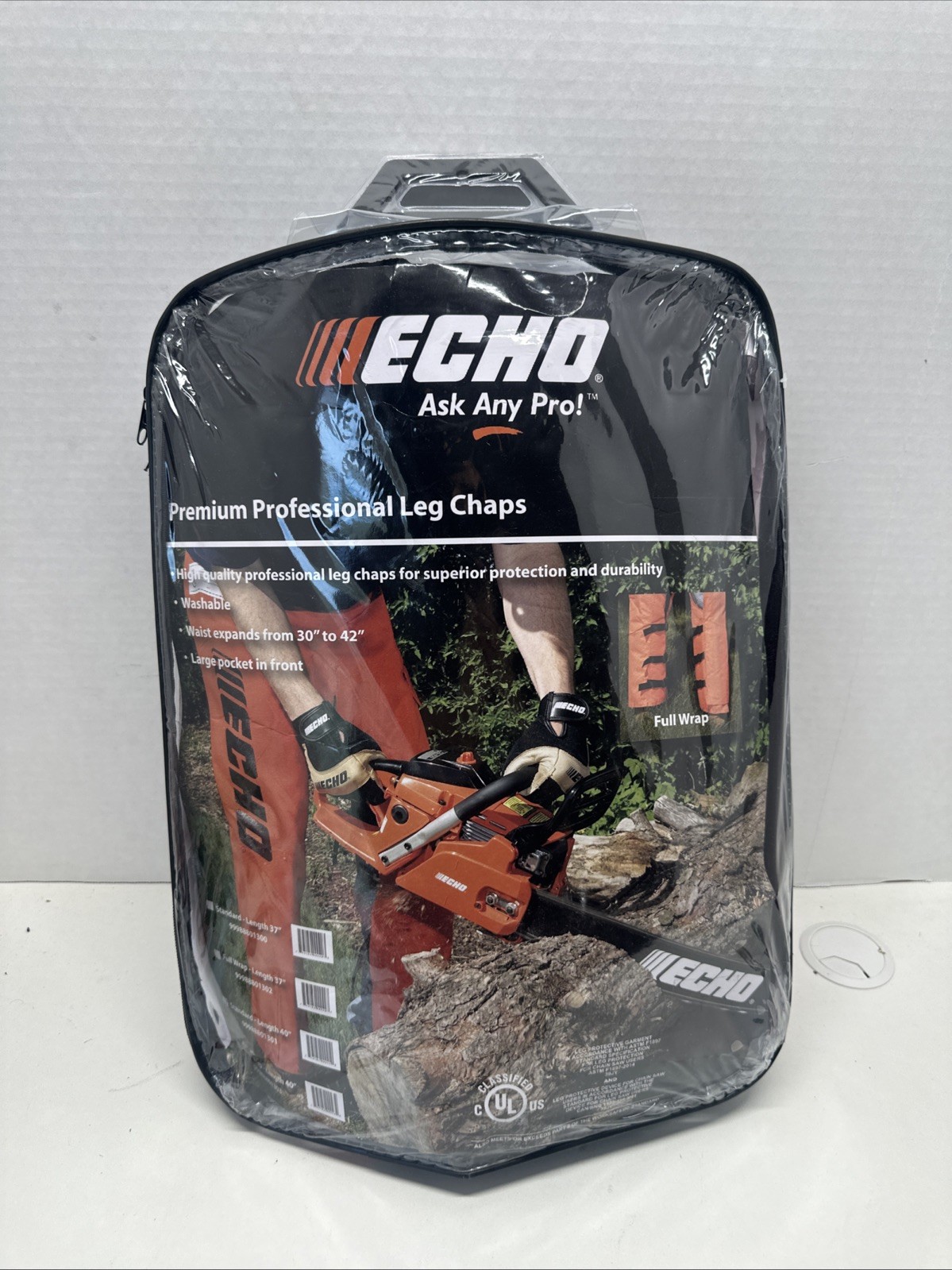 ECHO Safety Chainsaw Protective Chaps Adjustable 30"-42" Waist Length of 37"