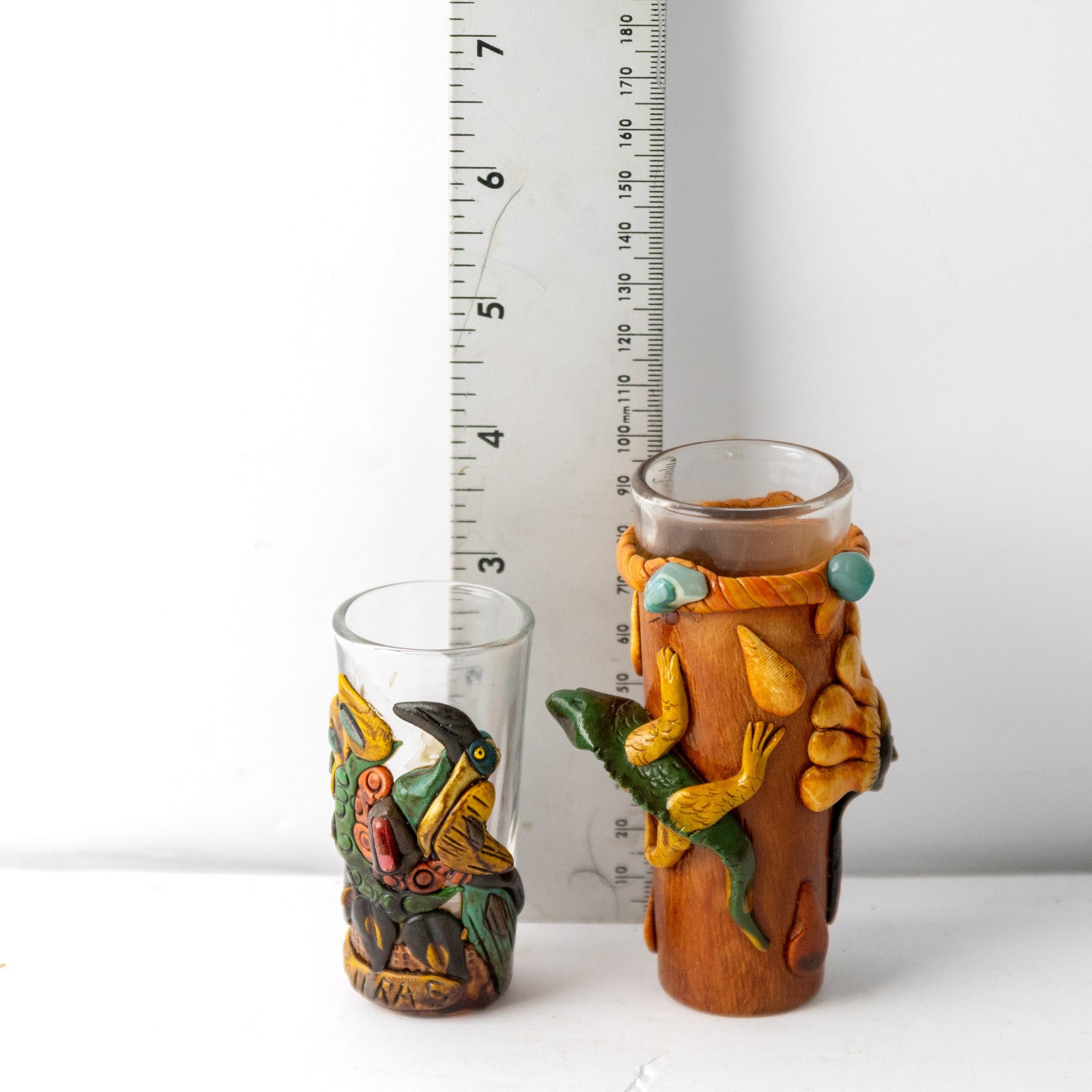 Vintage Honduras 3D Sculpted Shot Glass Set - Toucan & Mayan Chieftain Set of 2