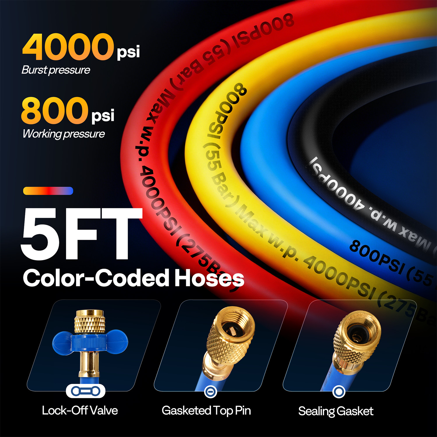 4 Valve HVAC Manifold Gauge Set R410A R454B R32 R22 AC Gauges w/ 5ft Hoses Kit