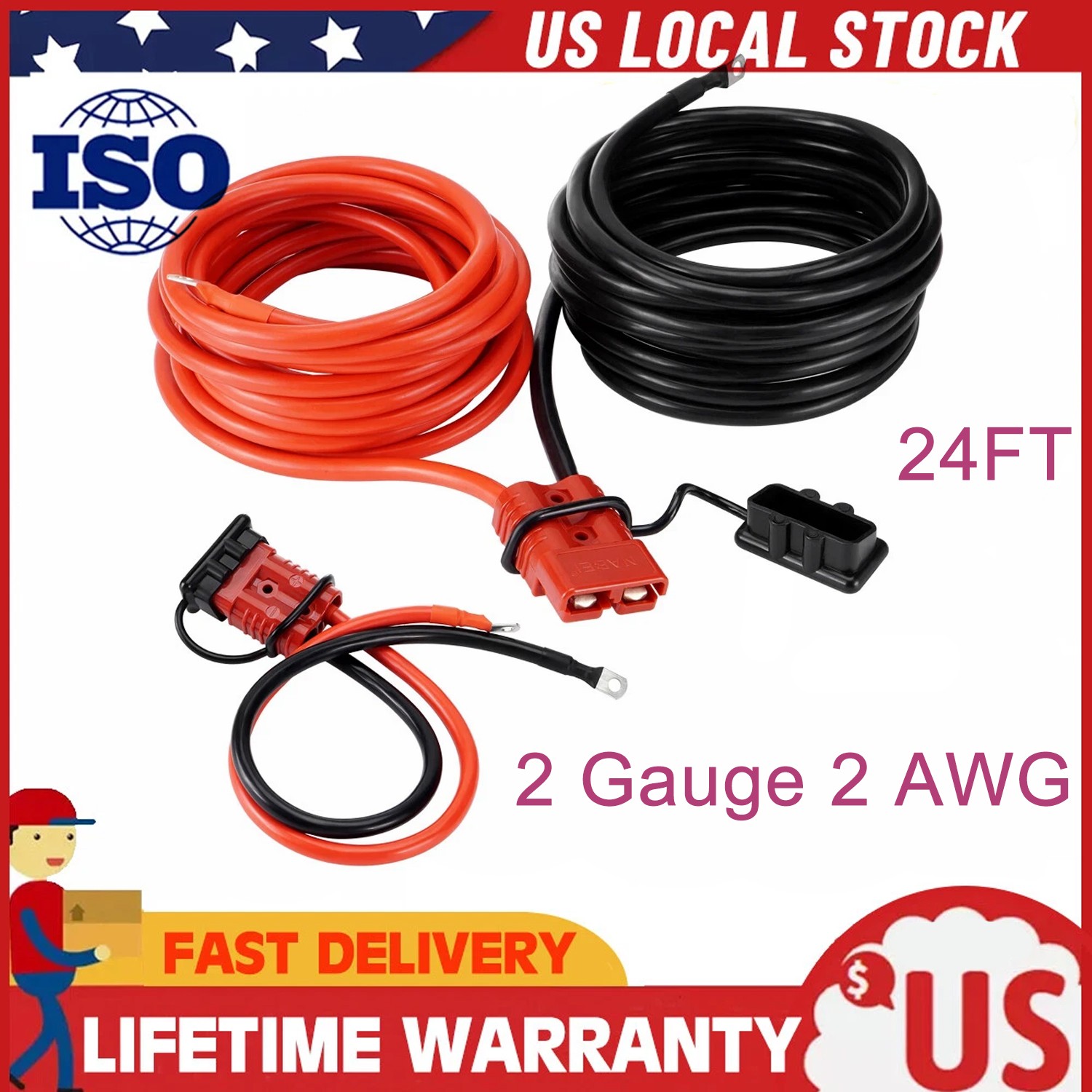 24 FT Quick Disconnect Winch Power Cable 2 Gauge 2 AWG Wiring For Winch Trailer