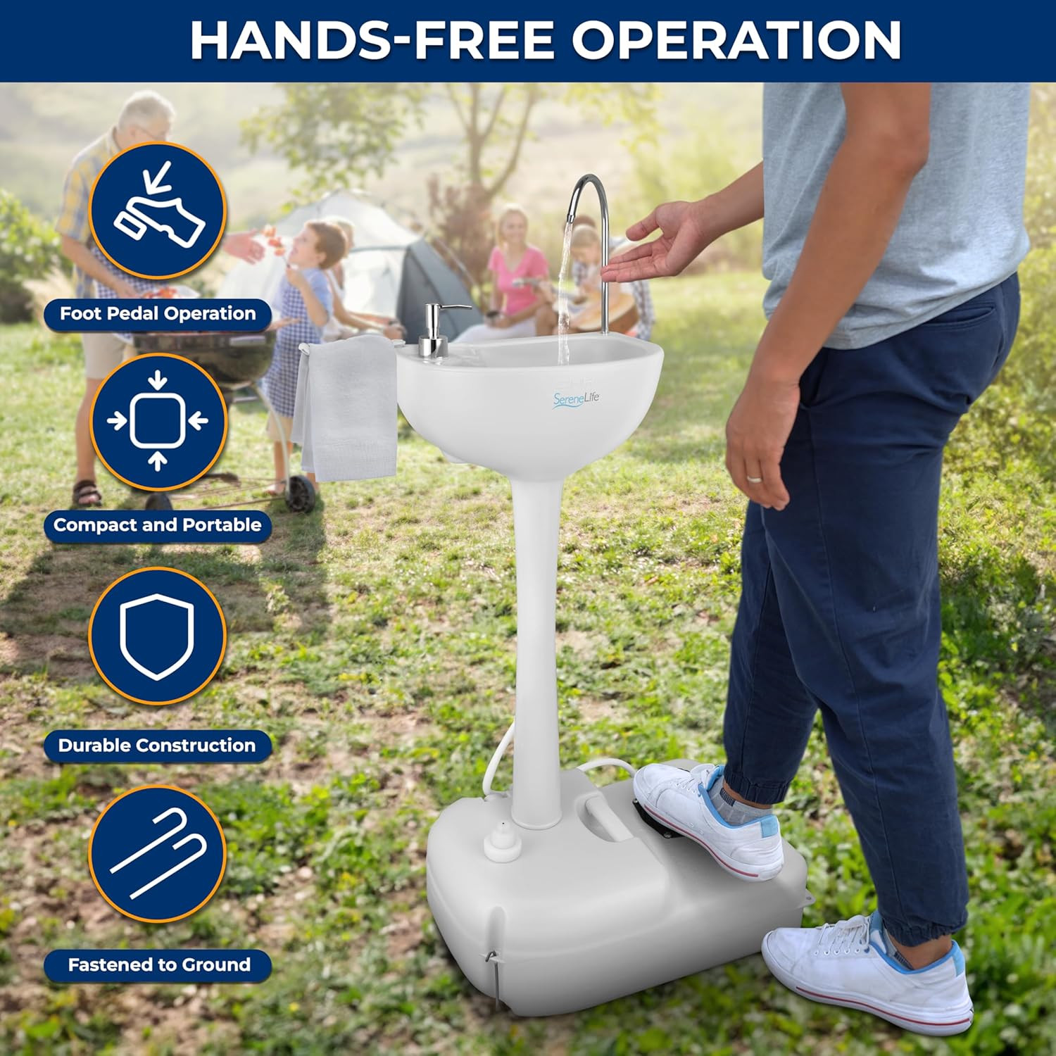 Camping Sink Portable Hands Free Foot Pump Towel Holder Soap Dispenser Compact