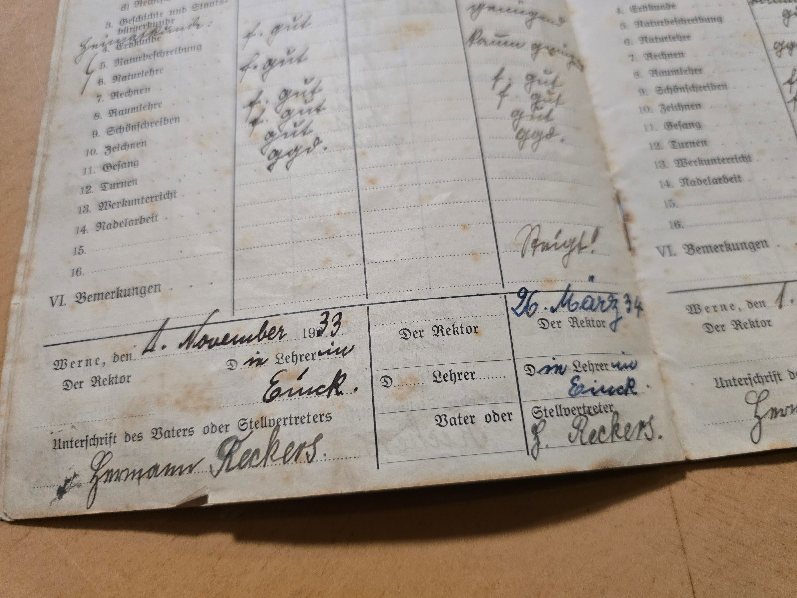 1930–1937 Third Reich Jugend German School Report Book Zeugnis Heft Wilhelm Reck