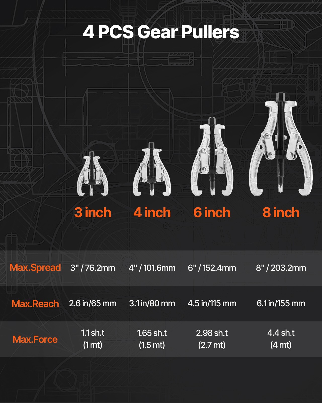 VEVOR 4Pcs 3 Jaw Gear Puller Set Gear Pulley Bearing Puller 3 in/4 in/6 in/8 in
