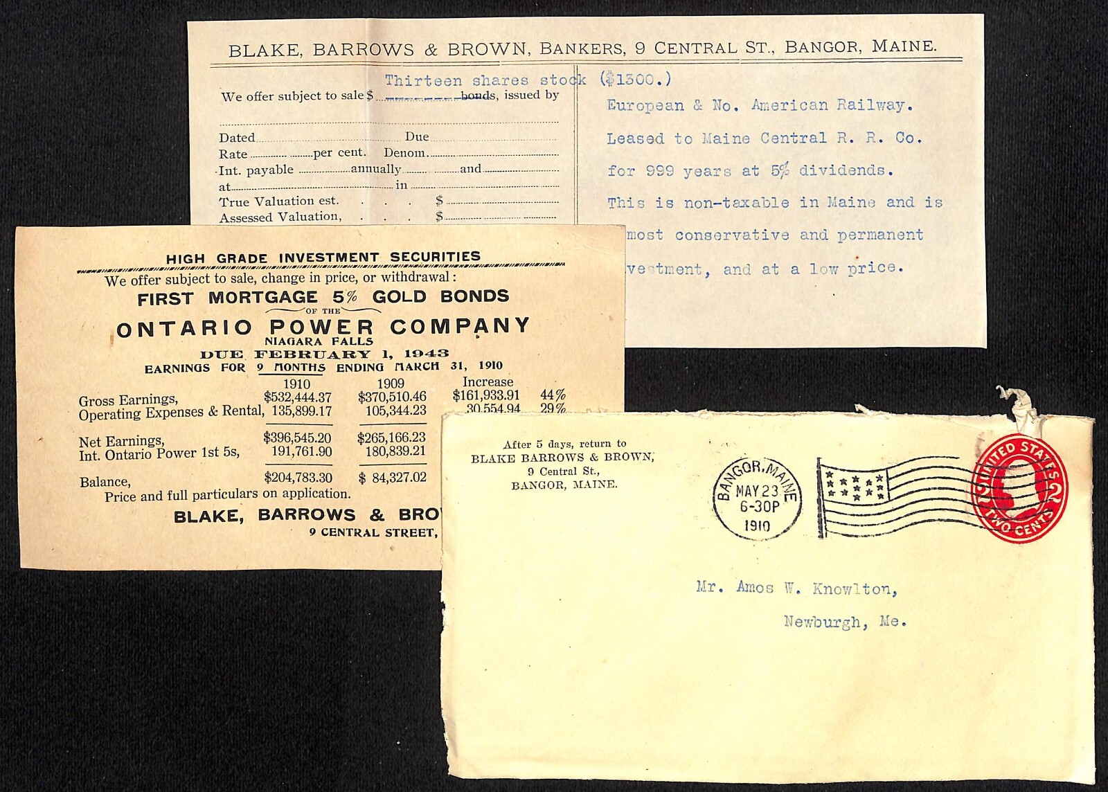 Newburgh, ME Amos W. Knowlton* 1910 Bangor Blake, Barrows & Brown Securities