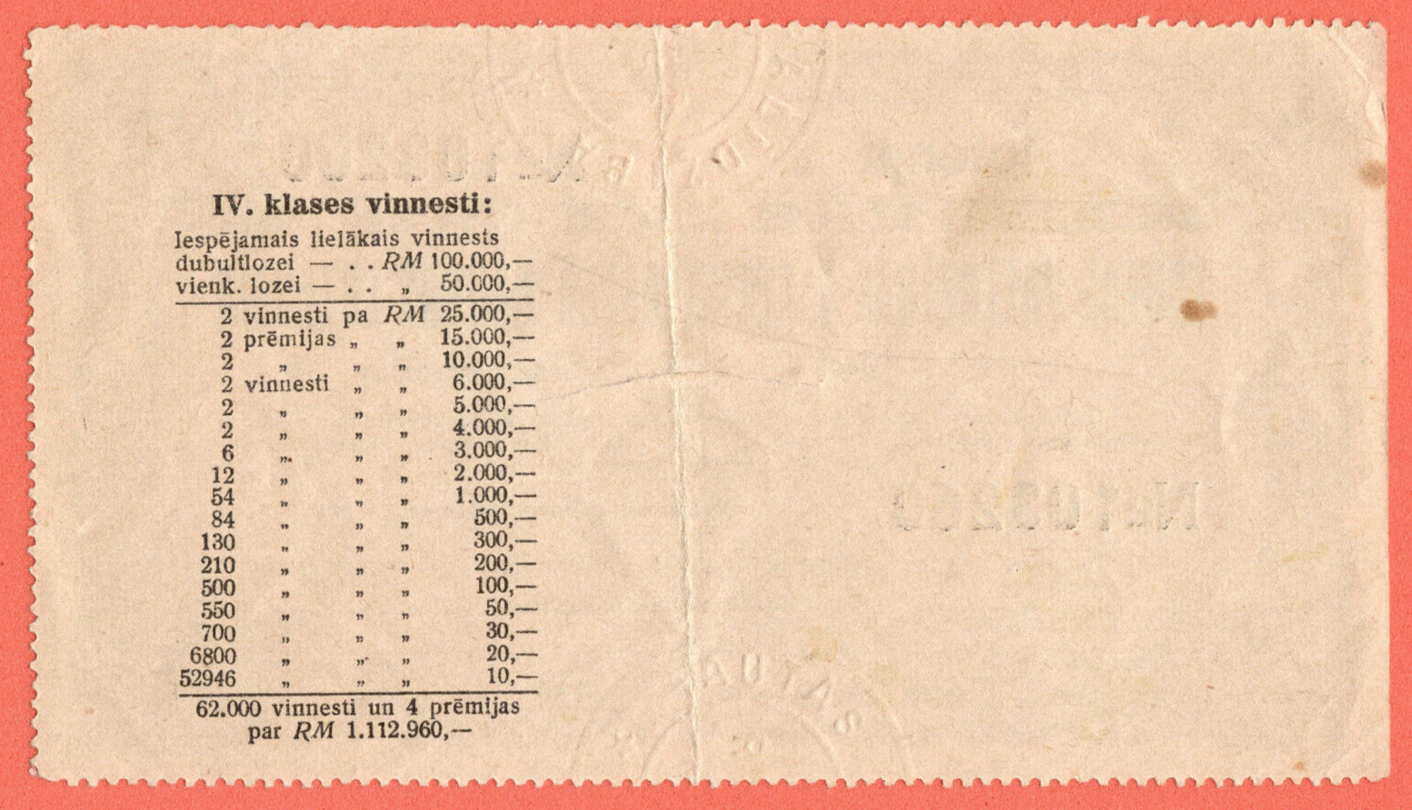 LATVIA LGERMANY LOTTERY TICKET RED CROSS 8 RM. 1944 UK 5119