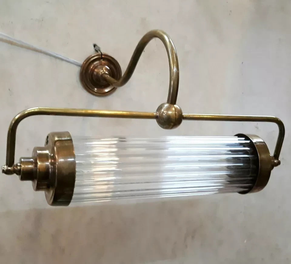 Antique Vintage Art Deco Brass & Glass Rod Ship Light Fixture Wall Sconces Lamp