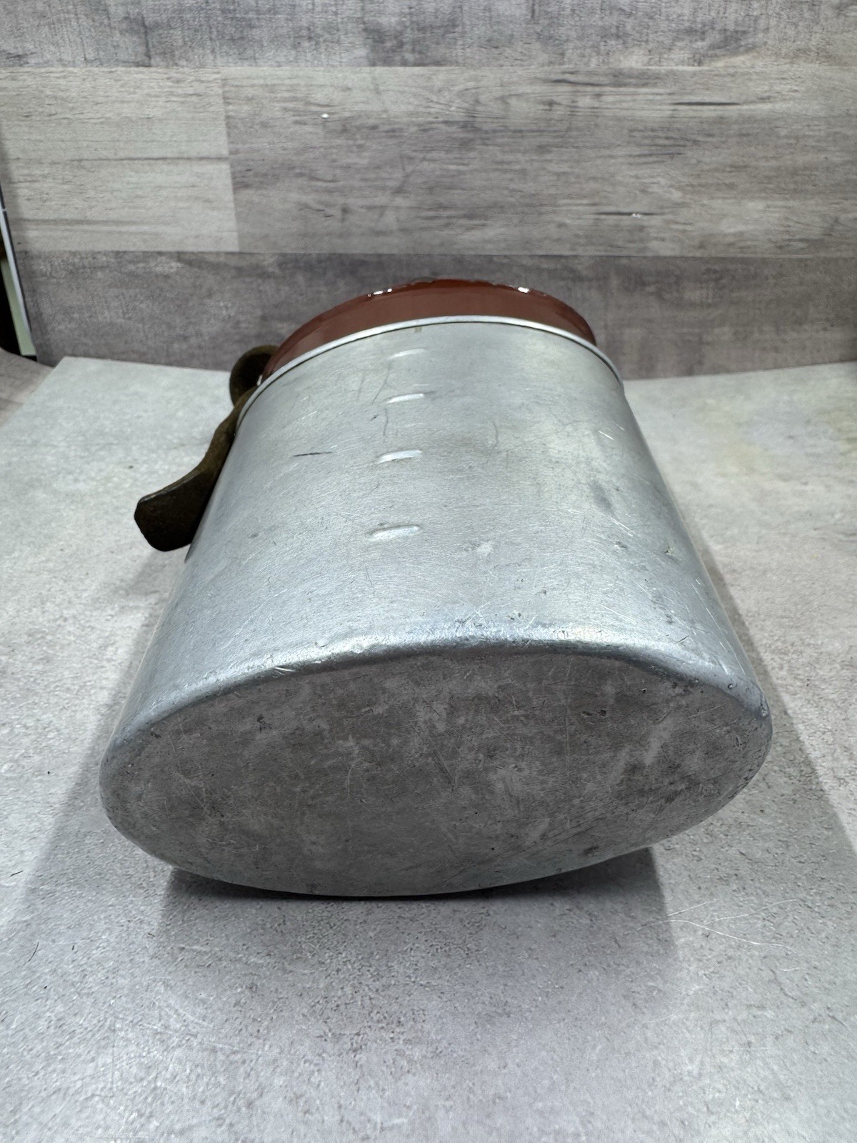 Vintage Swiss Army Canteen Enamel Water Bottle w/ Cork & Leather Strap 8.5”