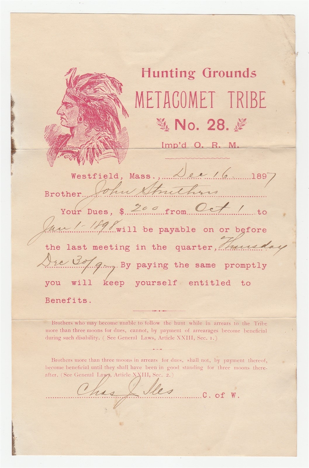 1897 Order of Red Men, Metacomet Tribe Westfield MA, dues notice