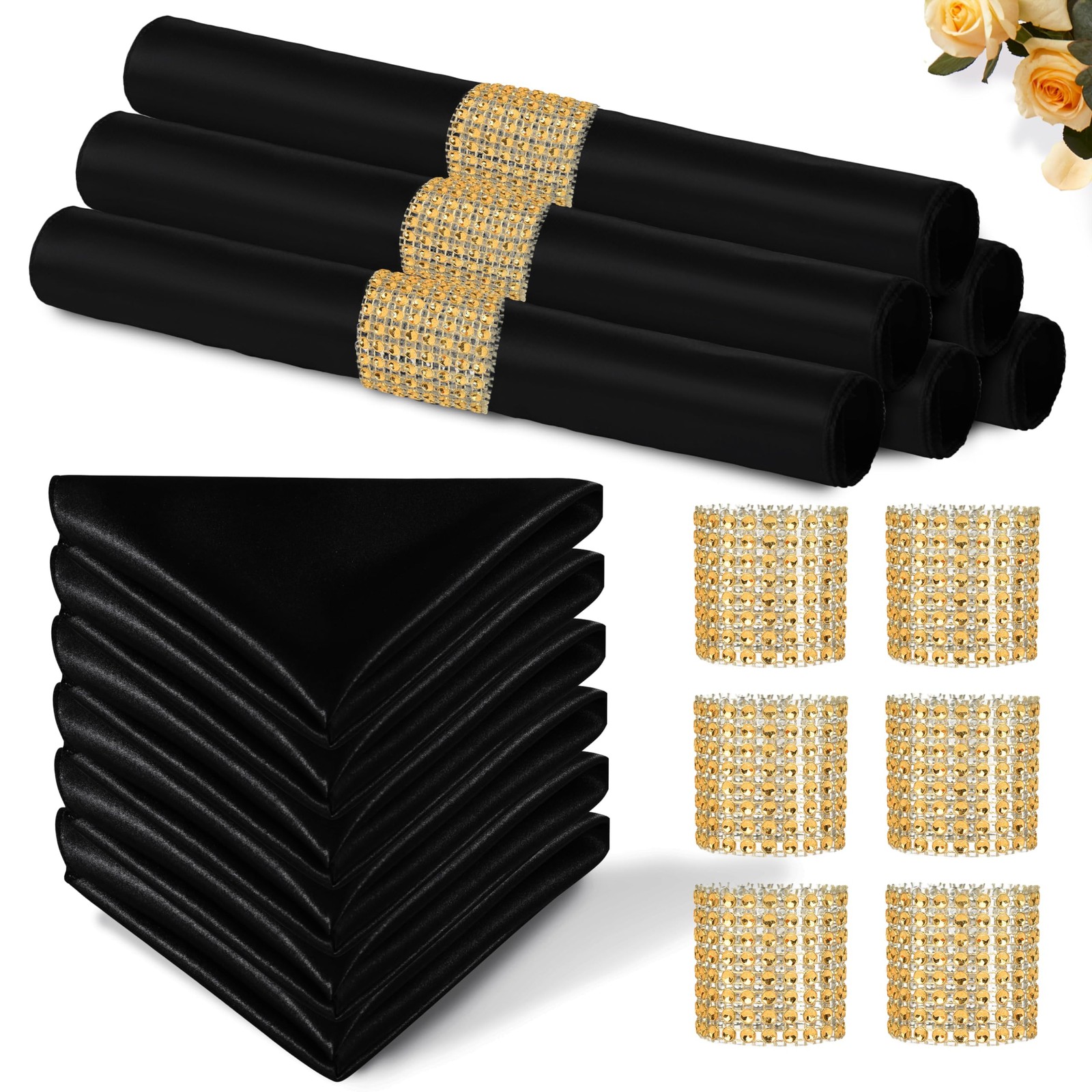 100 Pack Black Satin Napkins and Napkin Rings Set, 12 x 12 Inch Silky Soft Cl...