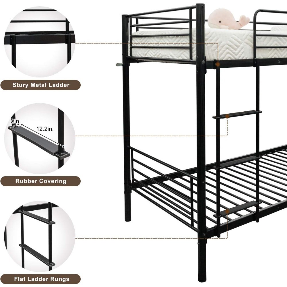 Twin Over Twin Bunk Bed for Kids Teens Adults Heavy Duty Metal Frame with Flat