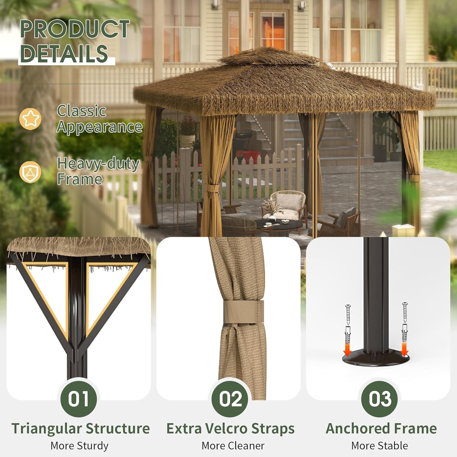 Double Thatched Roof Canopy,Outdoor Aluminum Frame Gazebo with Curtains Netting