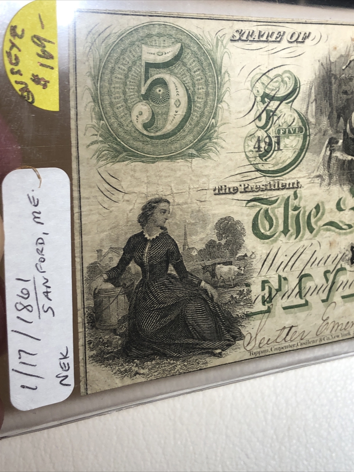 obsolete currency The Sanford Bank, Maine 1861 $5 S/n 481