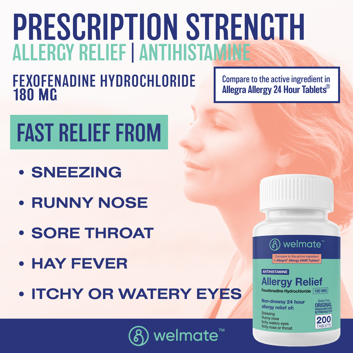 WELMATE Allergy Relief | Fexofenadine HCl 180 mg Non-Drowsy Antihistamine | 200