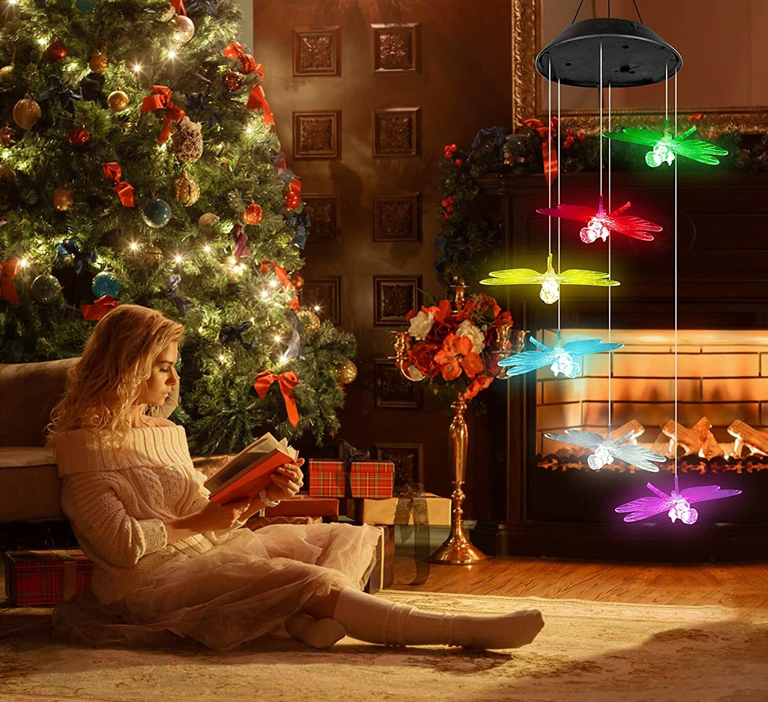 LED Solar Wind Chimes ,7 Color-Changing ,Cute Dragonfly Yard Home Garden Decor