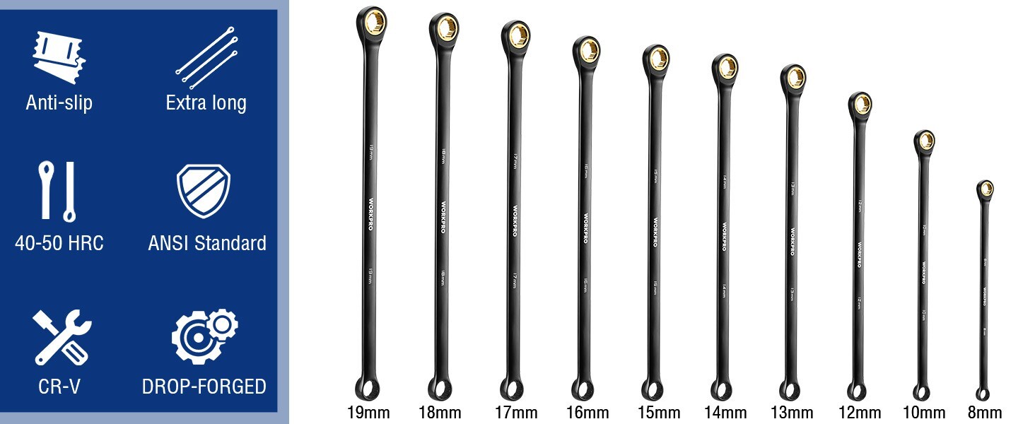 WORKPRO Extra Long Ratcheting Wrench Set-10PC Combination Anti-Slip Metri-8-19mm