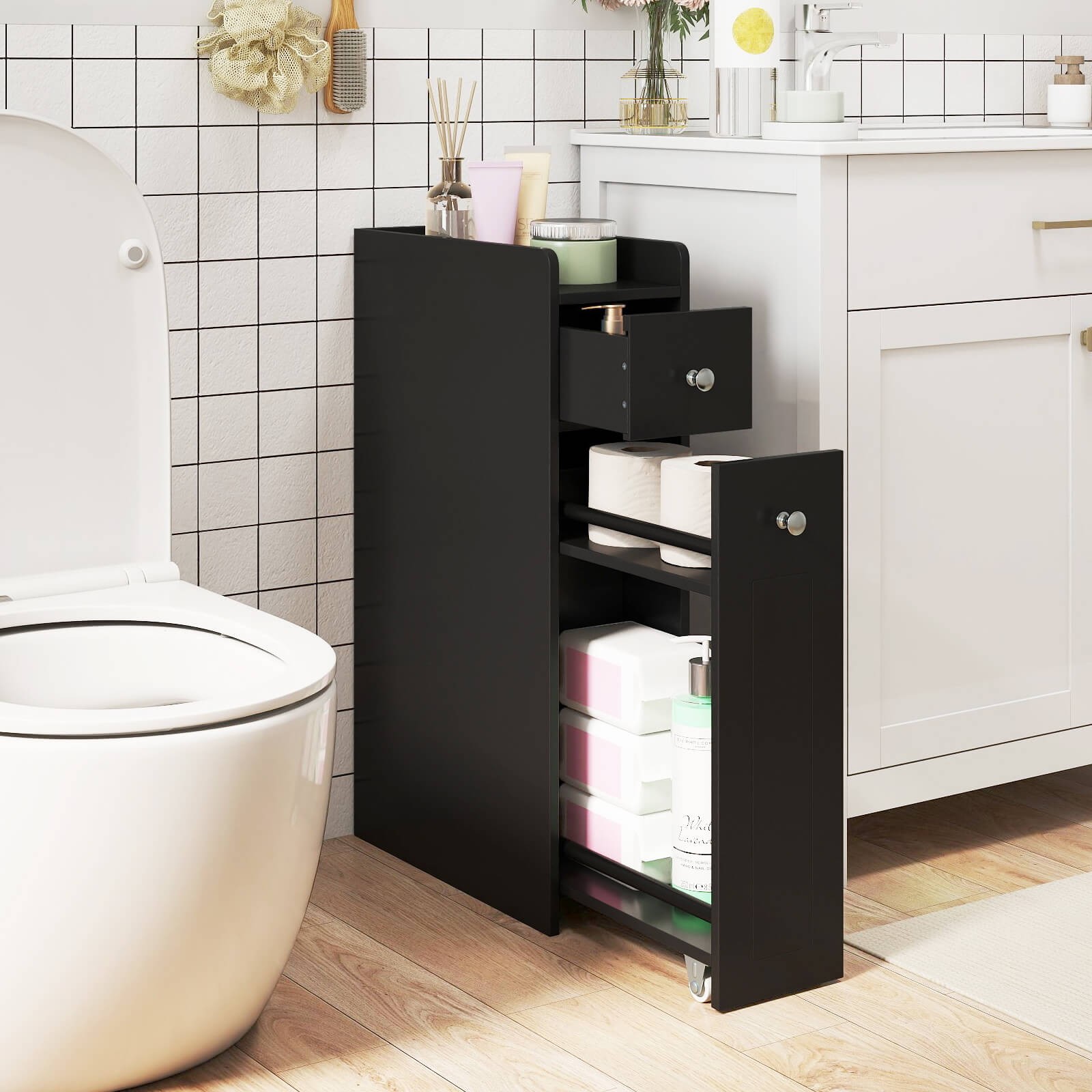 Small Bathroom Storage Cabinet 4-Tier Narrow Toilet Side Storage Cabinet