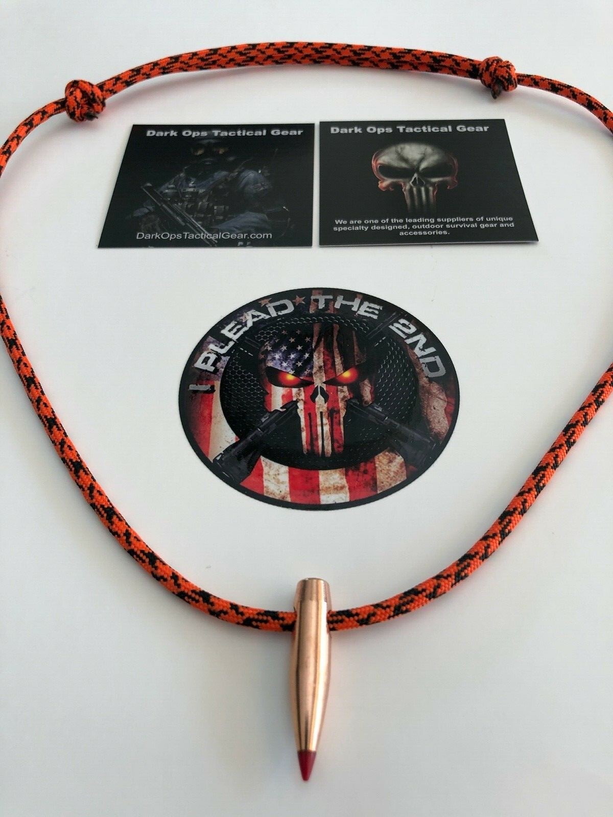 Paracord HOG TOOTH  Necklace + 1 Decal ...(.30 Cal  Red Tip)  ...Orange/Black