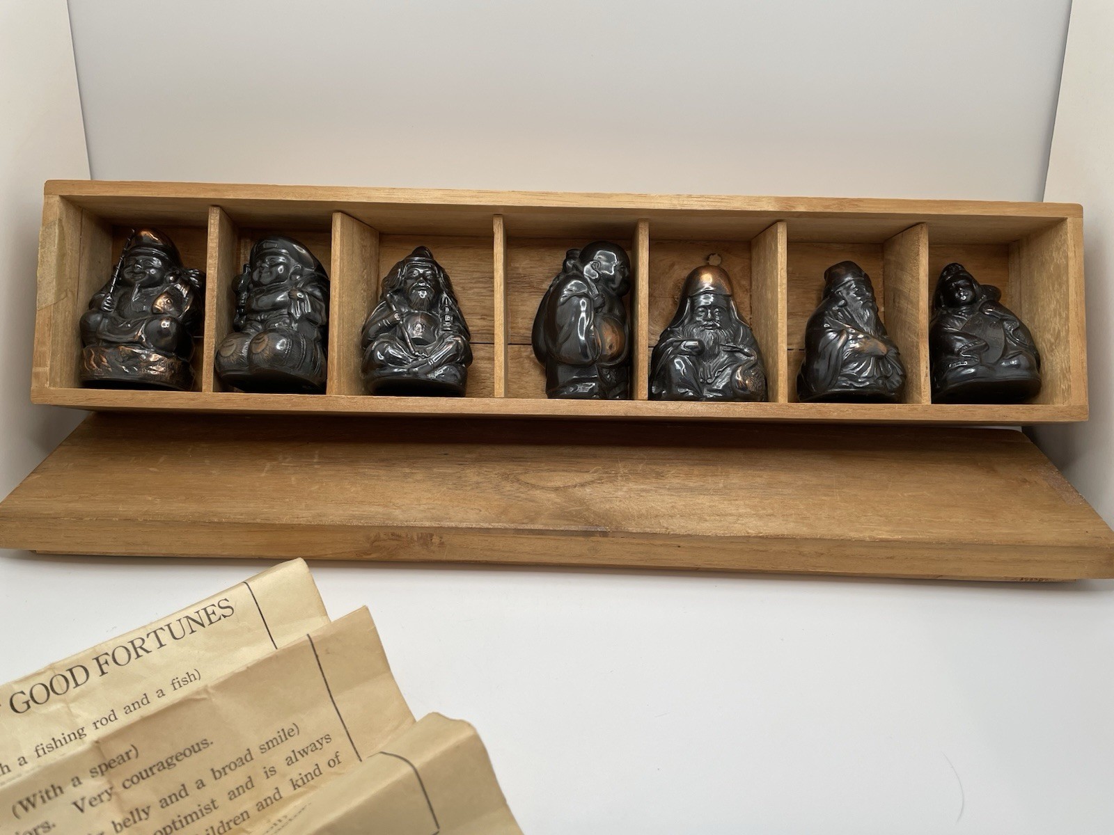 7 SEVEN IMMORTAL GODS Good Fortune Metal Numbered Figures Occupied JAPAN Box Vtg