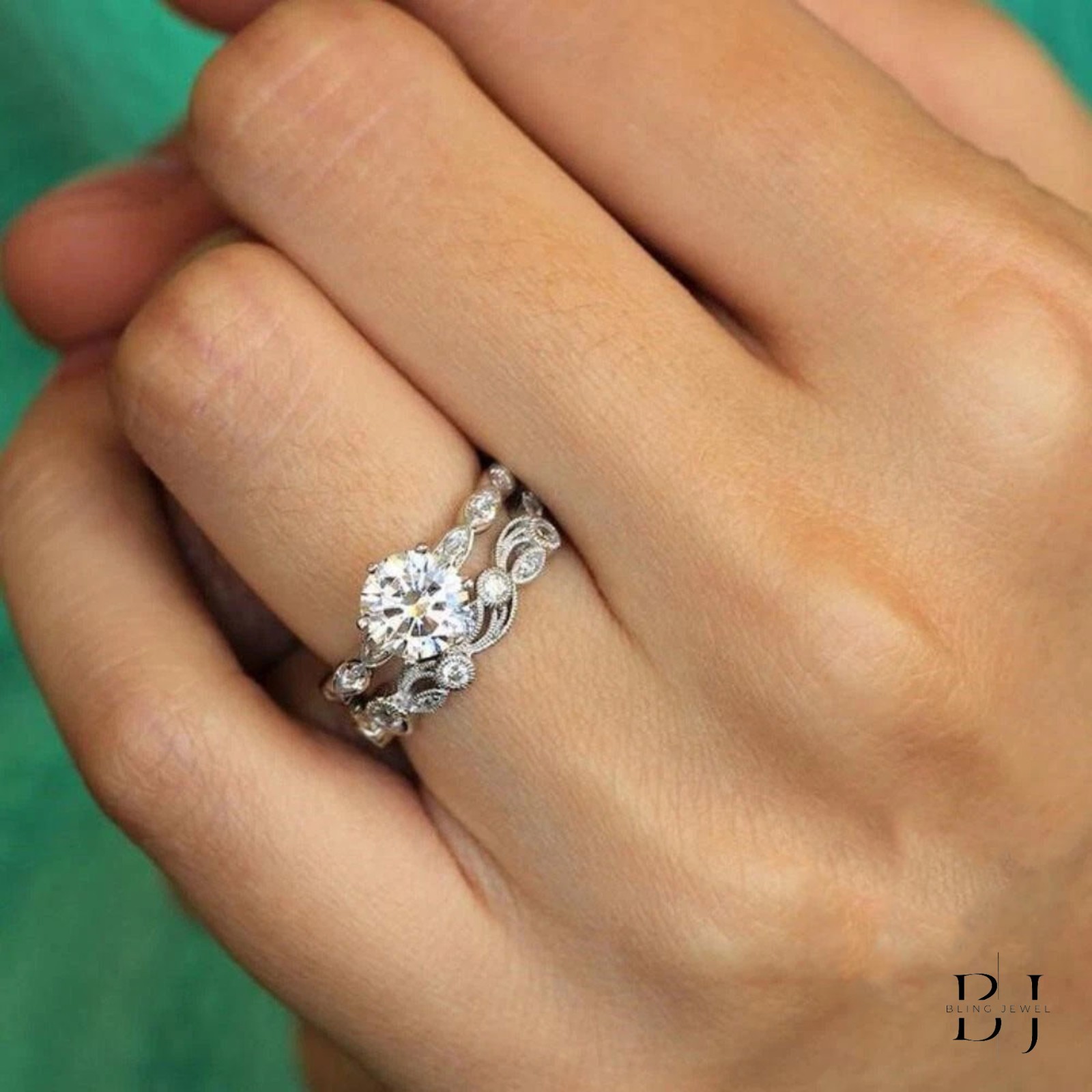 1.80 CT Round Cut VVS1 Moissanite Wedding Bridal Ring Set Solid 14K White Gold