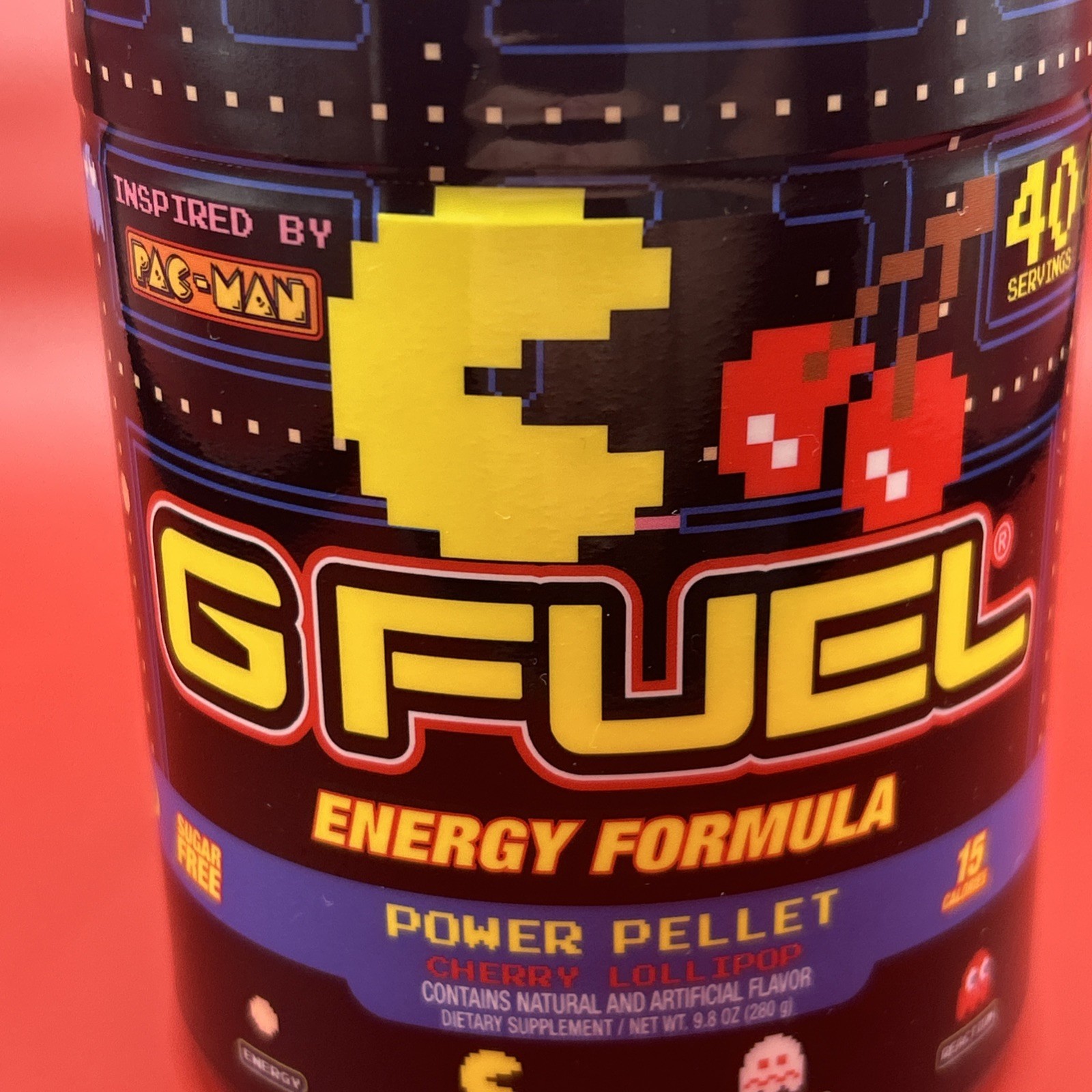G FUEL Pac-Man Power Pellet Energy Tub (Cherry Lollipop) 40 Servings - Exp. 2028