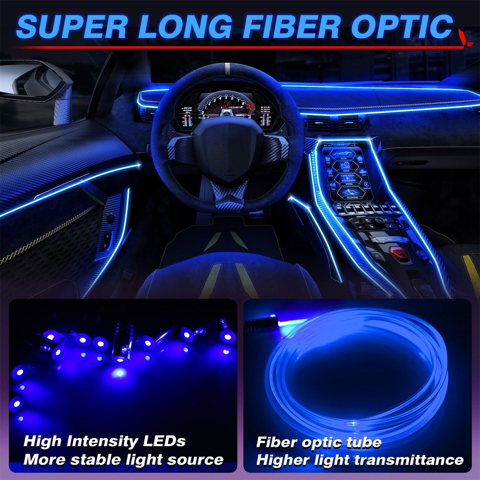 RGB 10-in-1 Interior Car LED Strip Light Neon Ambient Light Kit Fiber Optic Tube