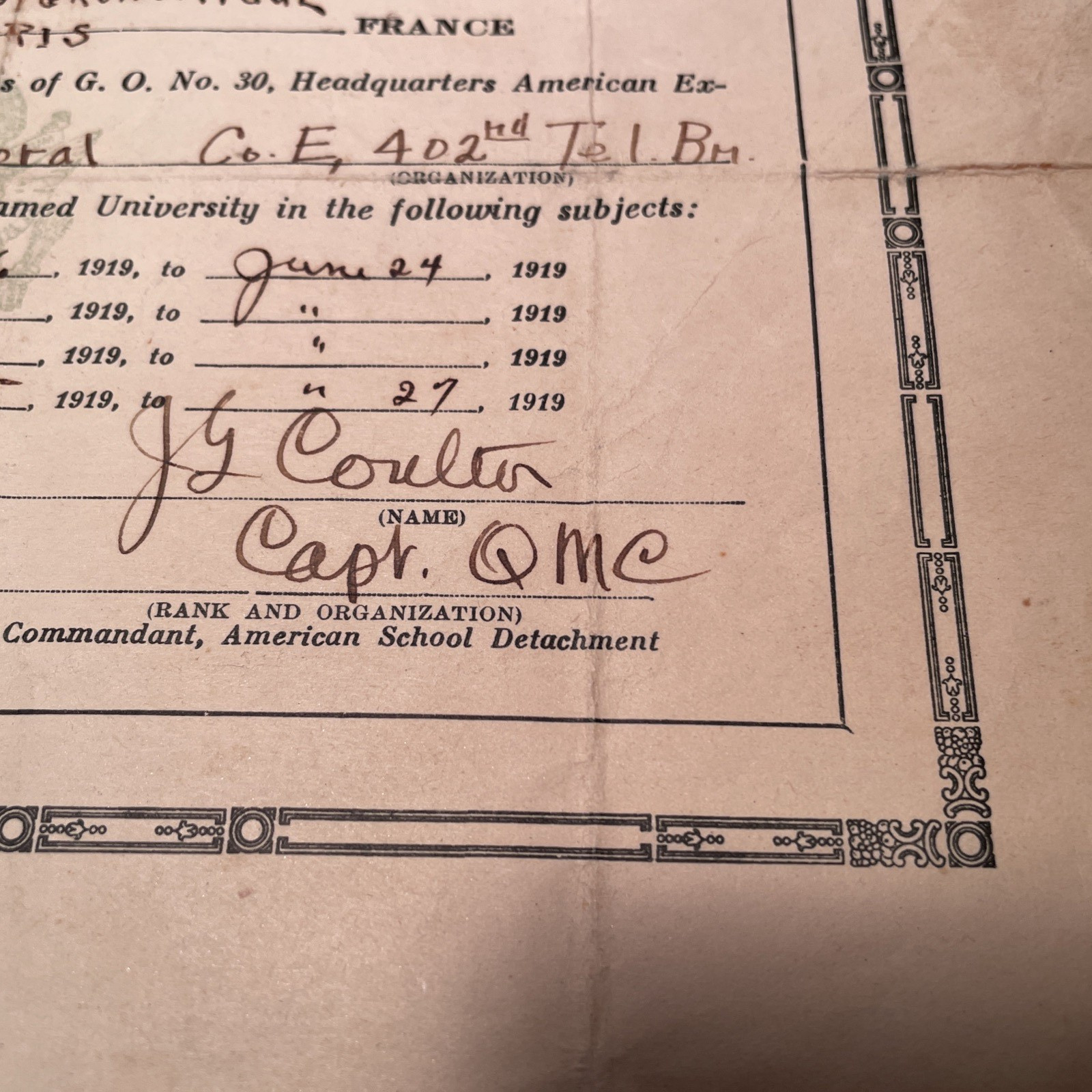 1919 ORIGINAL WW1 School of Detachment Paris France Certificate Army QMC June