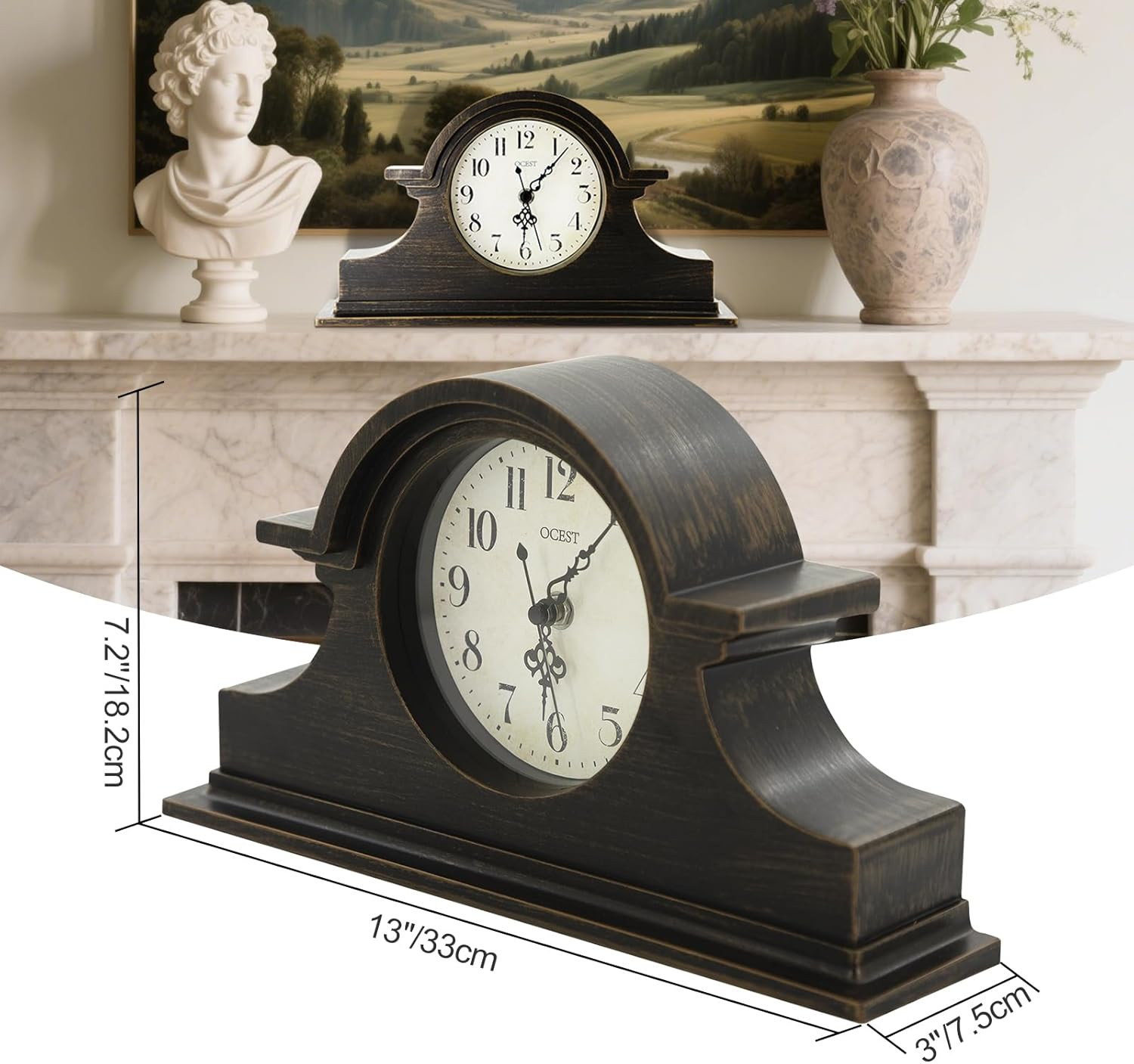 Vintage Farmhouse Mantel Clock - 13 x 7 Inch Quartz Gilt Finish Battery Operated