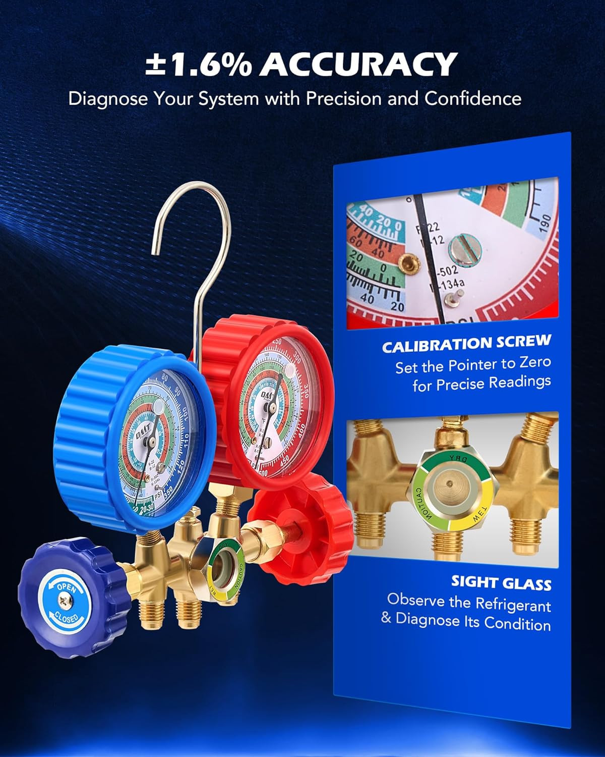 AC Manifold Gauge Set for R12 R22 R502 R134A Refrigerant, 3 Way Automotive AC Ga