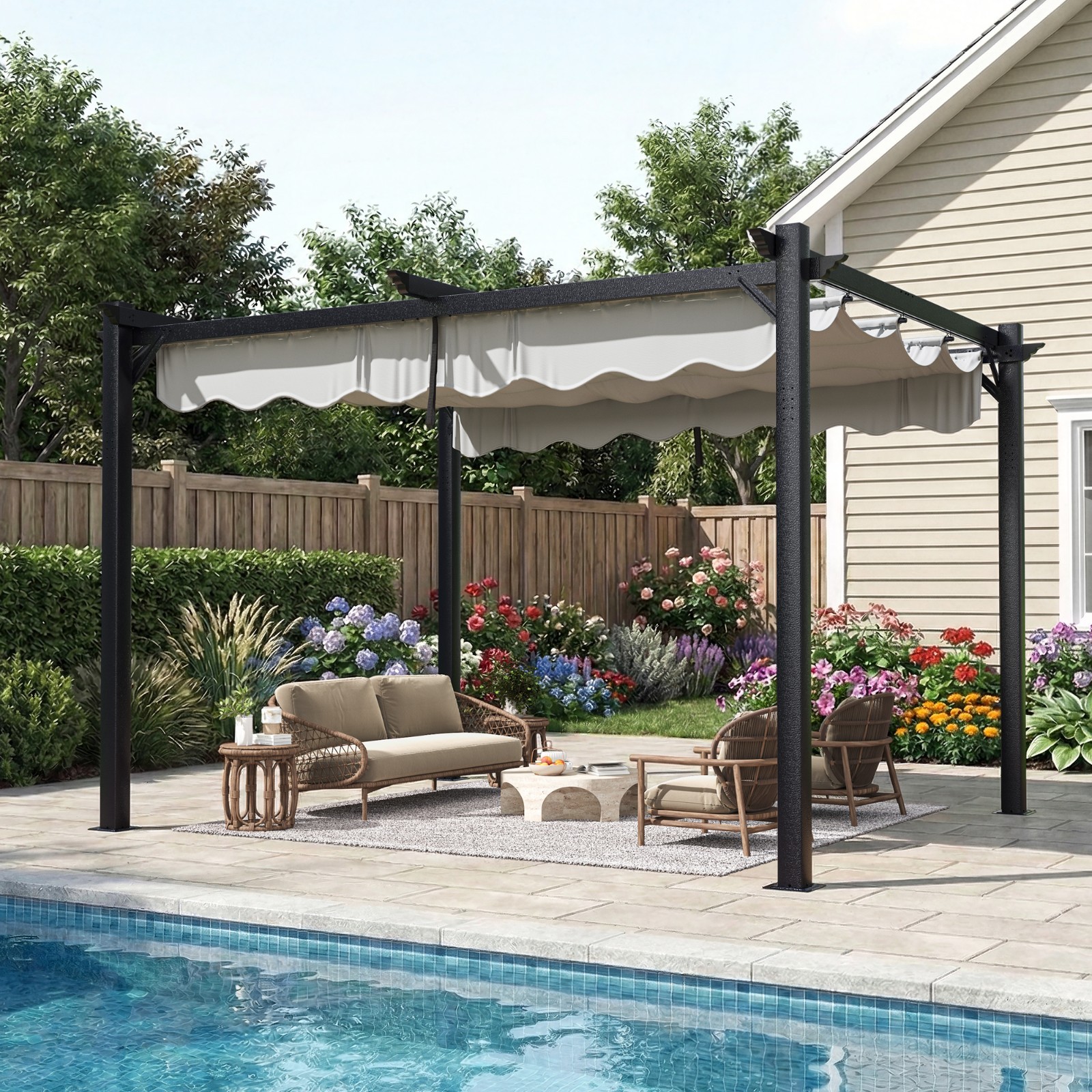10  x 12 FT  Black Outdoor Patio Pergola with Retractable Sun Shade Canopy