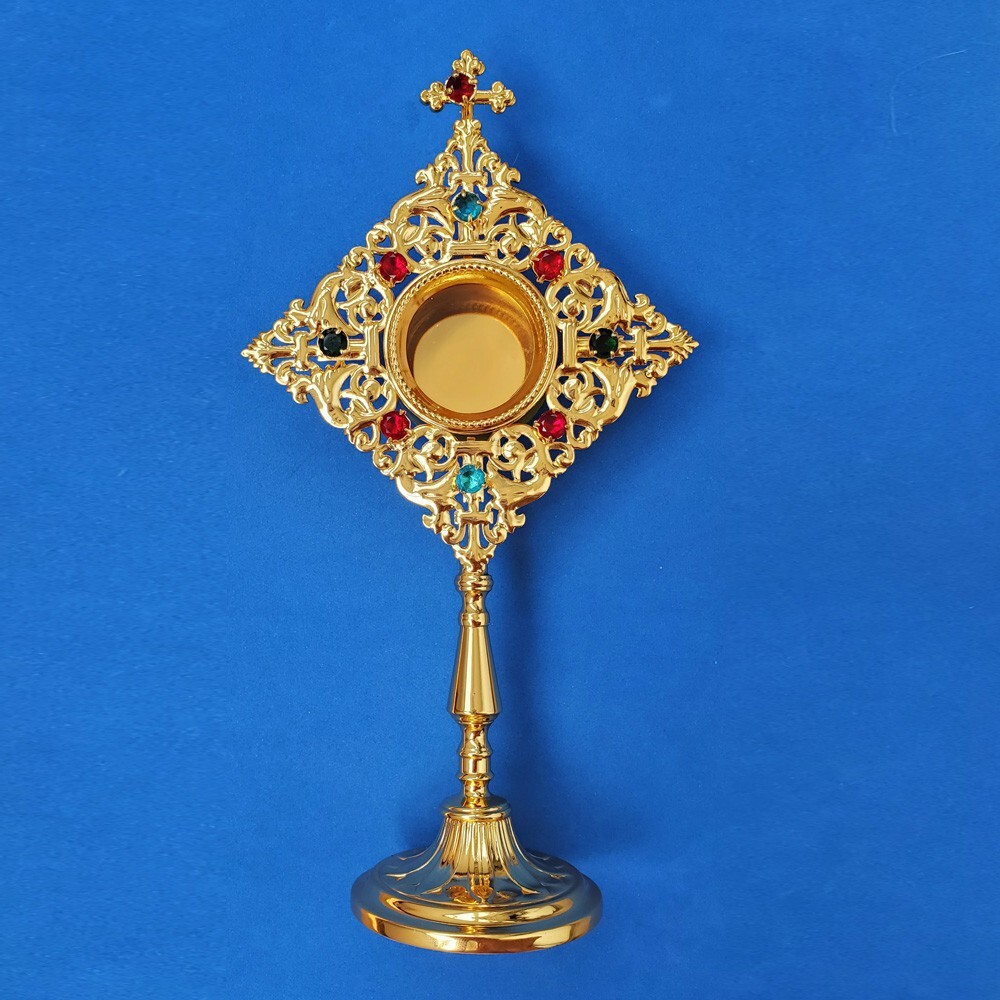 Brass Standing Reliquary Relic Holder for Catholic Church Supplies（with stones）