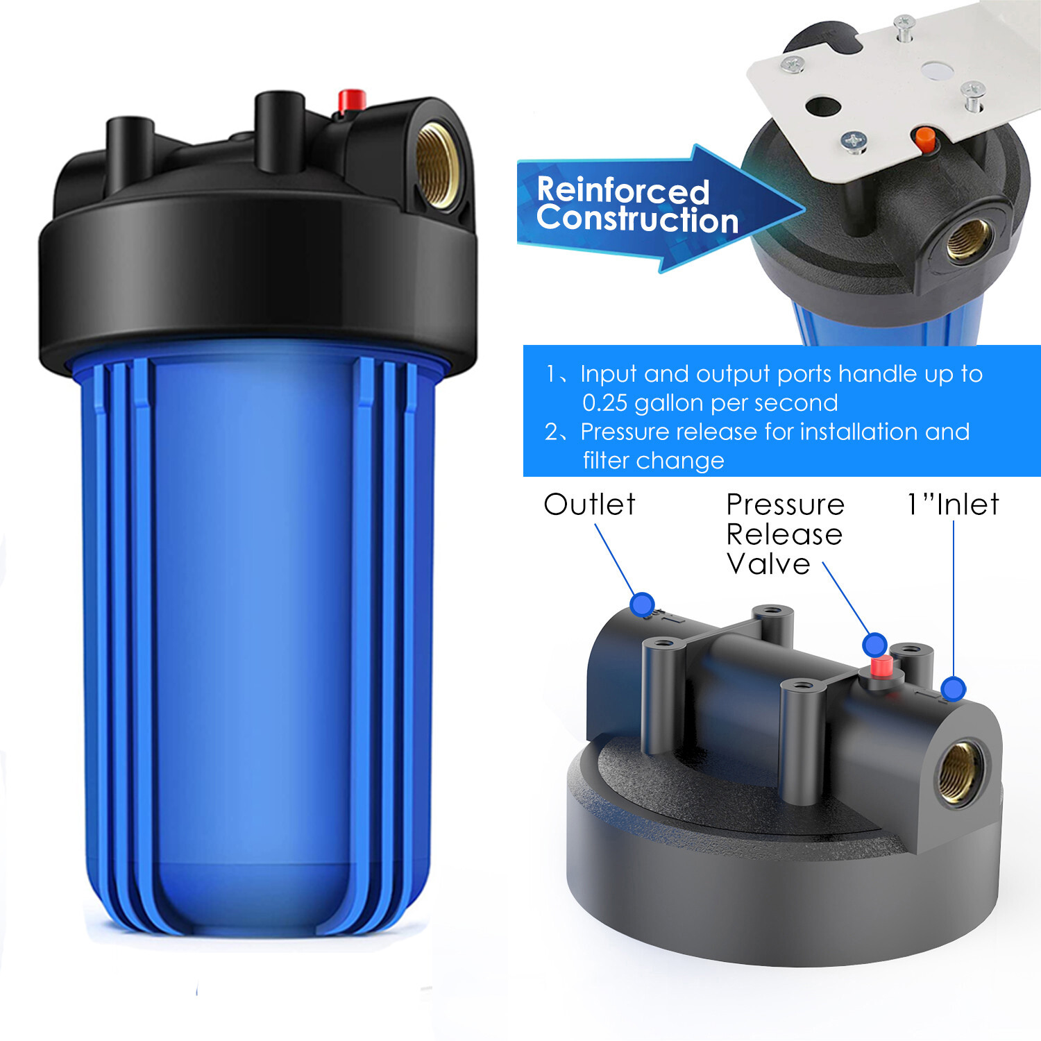 10 Inch Big Blue 10" x 4.5" Whole House Water Filter Housing Filtration System