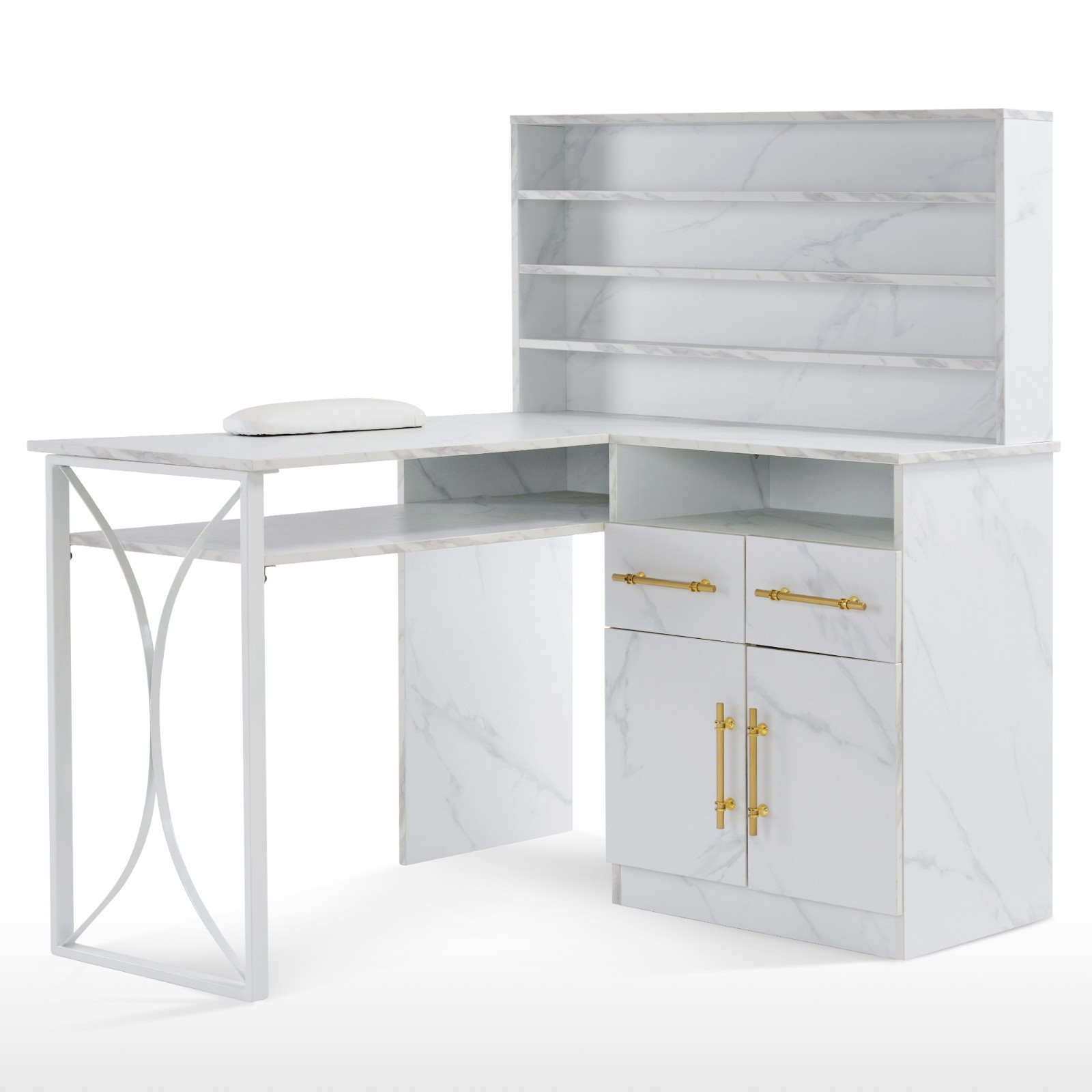 L-shaped Nail Desk for Storage, Versatile Manicure Table with Drawers & Cabinets