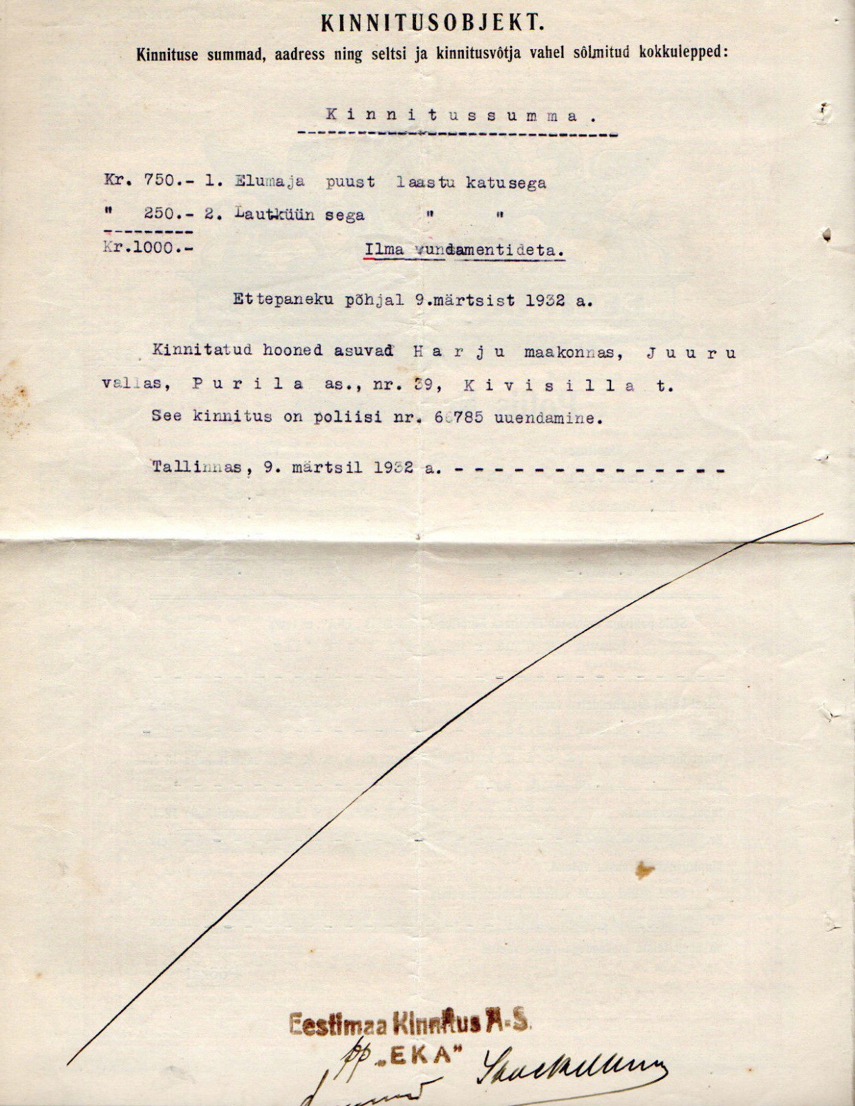 ESTONIA insurance 1000.00 KROONI 1932 "EKA" 129